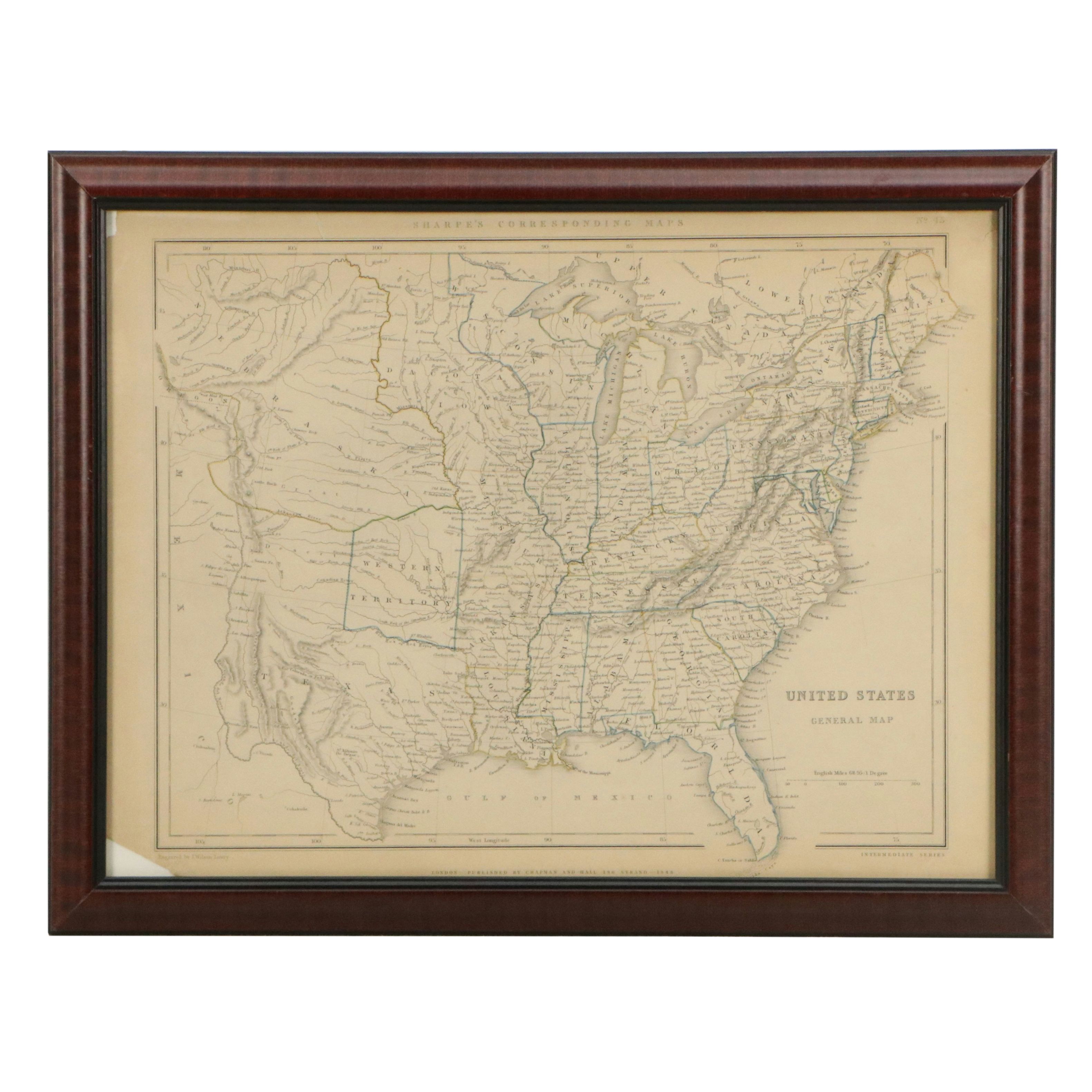 Chapman & Hall Hand-Colored Engraving "United States General Map," 1848