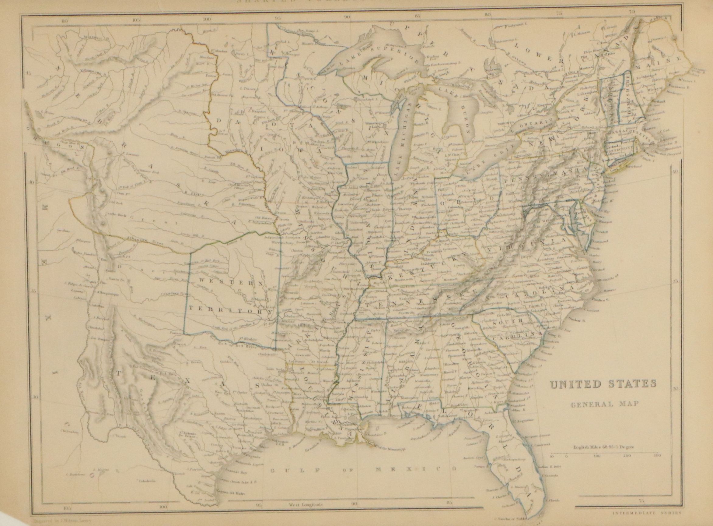 Chapman & Hall Hand-Colored Engraving "United States General Map," 1848