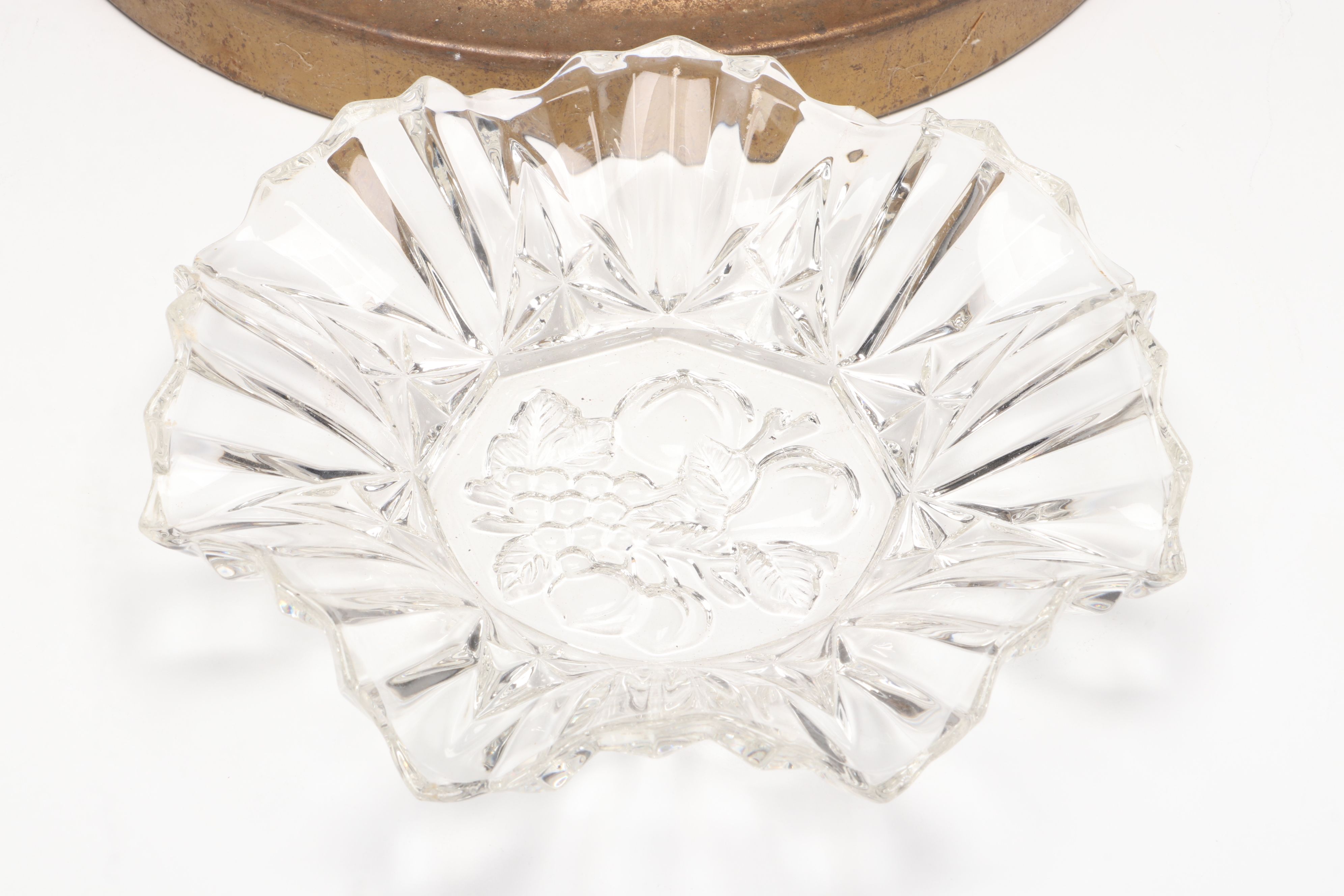 Patinated Standing Metal Ashtray with Ruffled Glass Dish