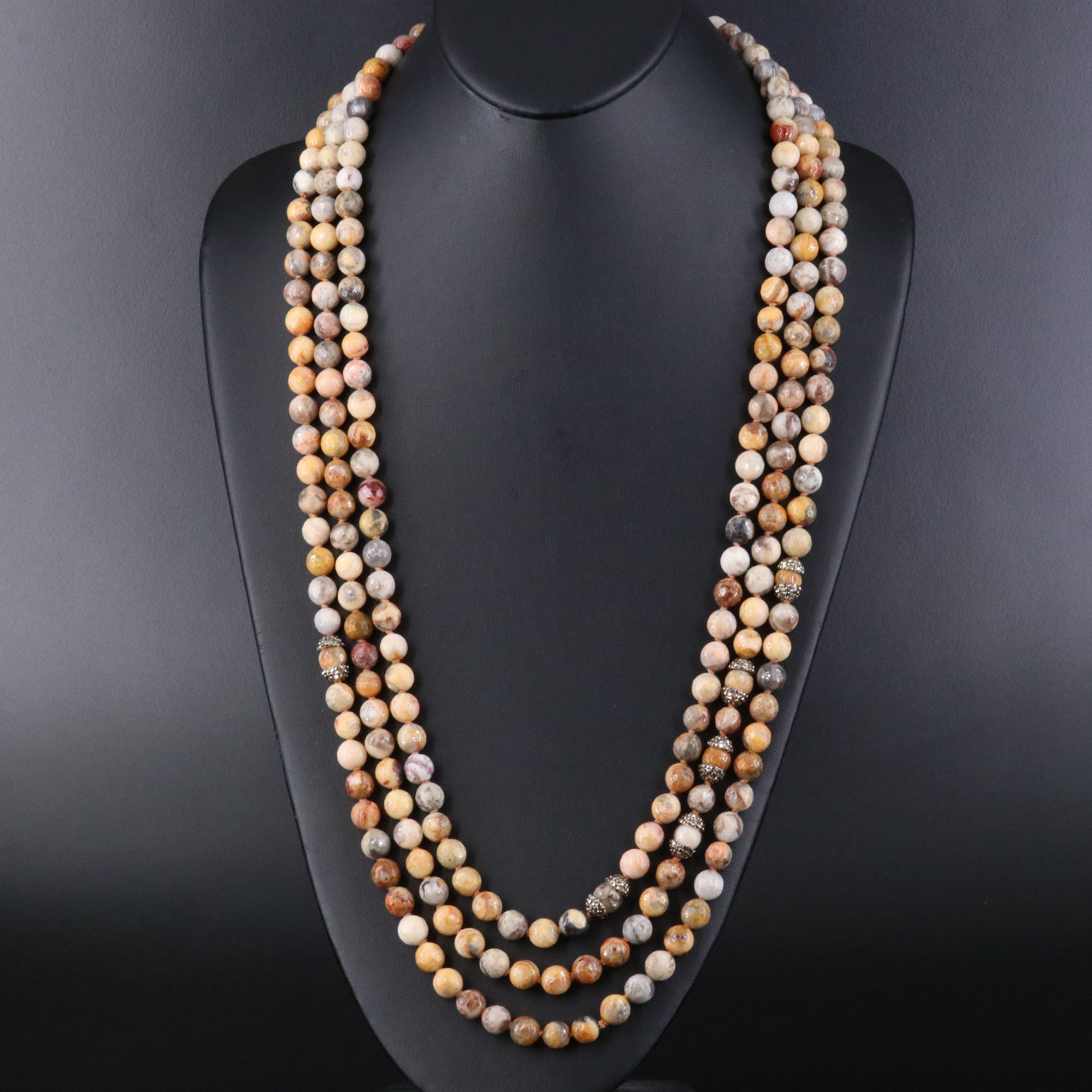 Agate, Smoky Quartz and Rhinestone Tiered Necklace with Sterling Clasp