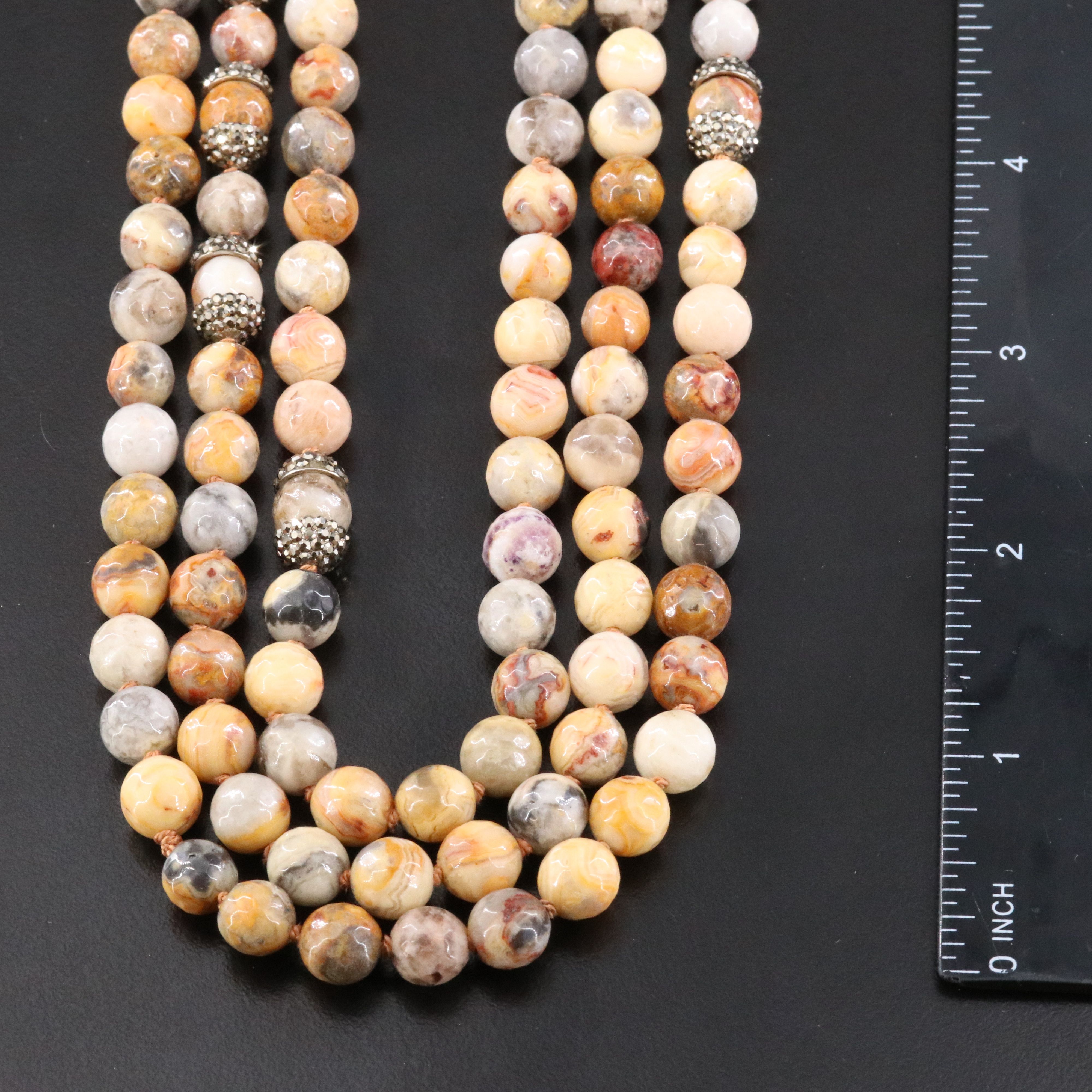 Agate, Smoky Quartz and Rhinestone Tiered Necklace with Sterling Clasp