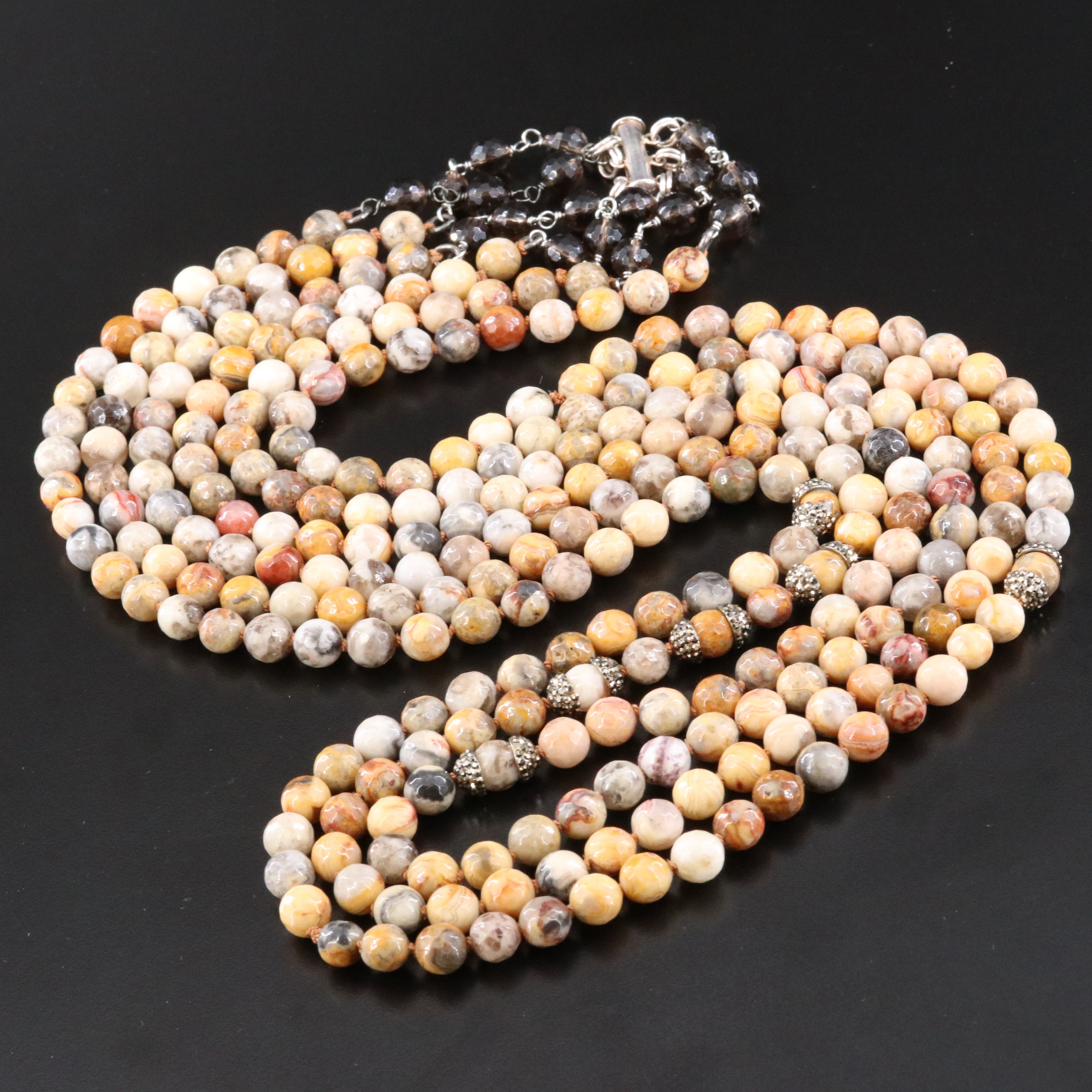 Agate, Smoky Quartz and Rhinestone Tiered Necklace with Sterling Clasp