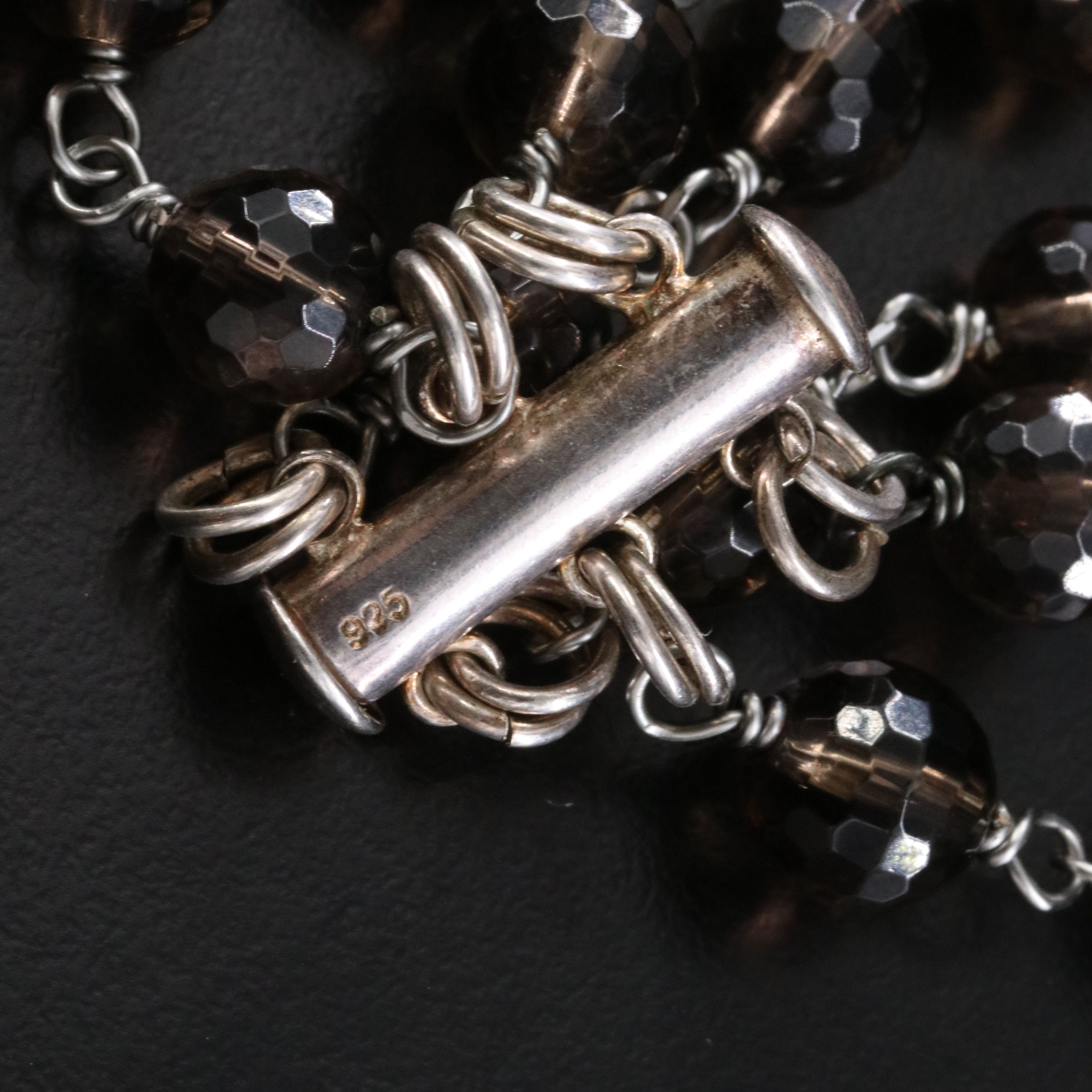 Agate, Smoky Quartz and Rhinestone Tiered Necklace with Sterling Clasp