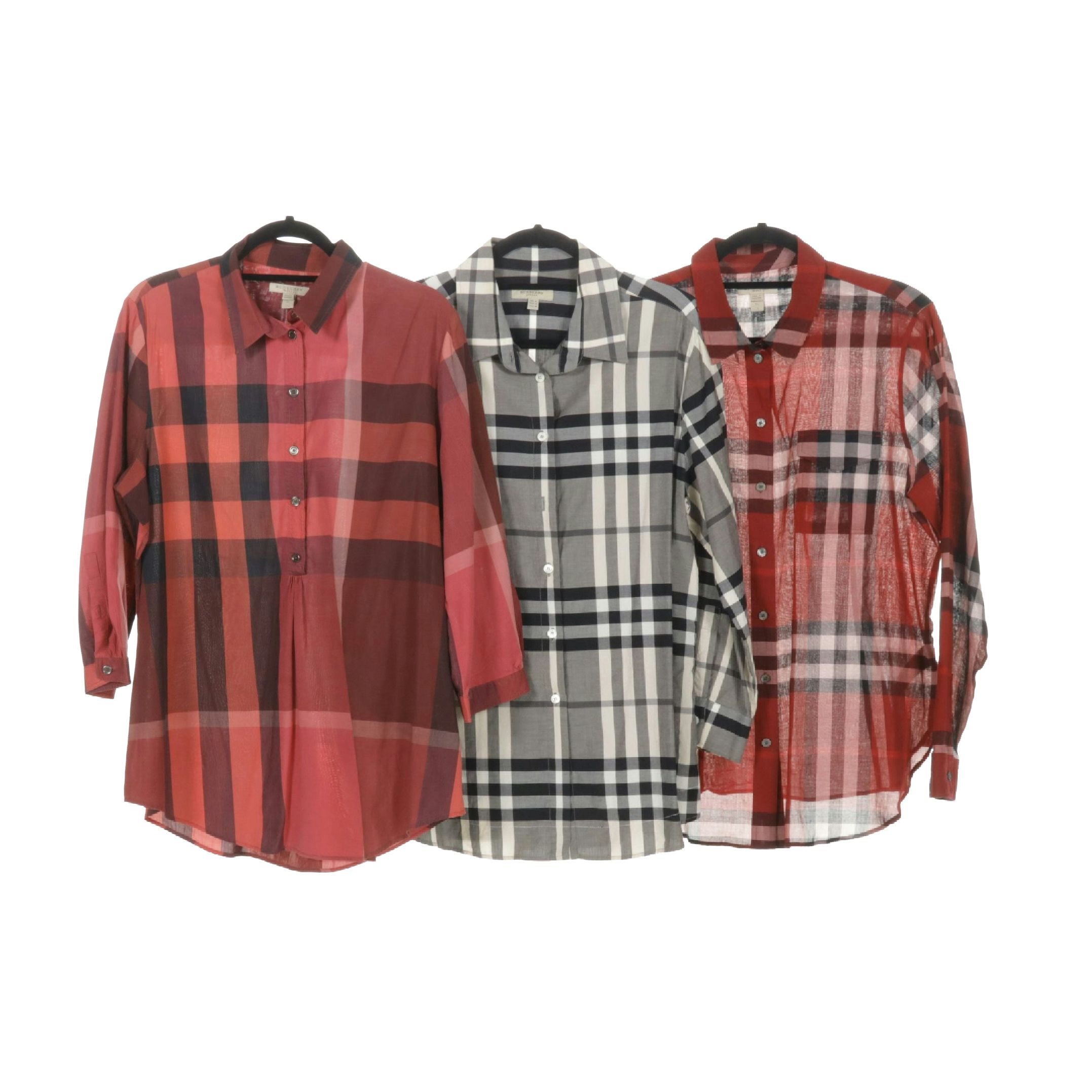 Burberry Long-Sleeve Button-Downs in Red and Gray Check Cotton