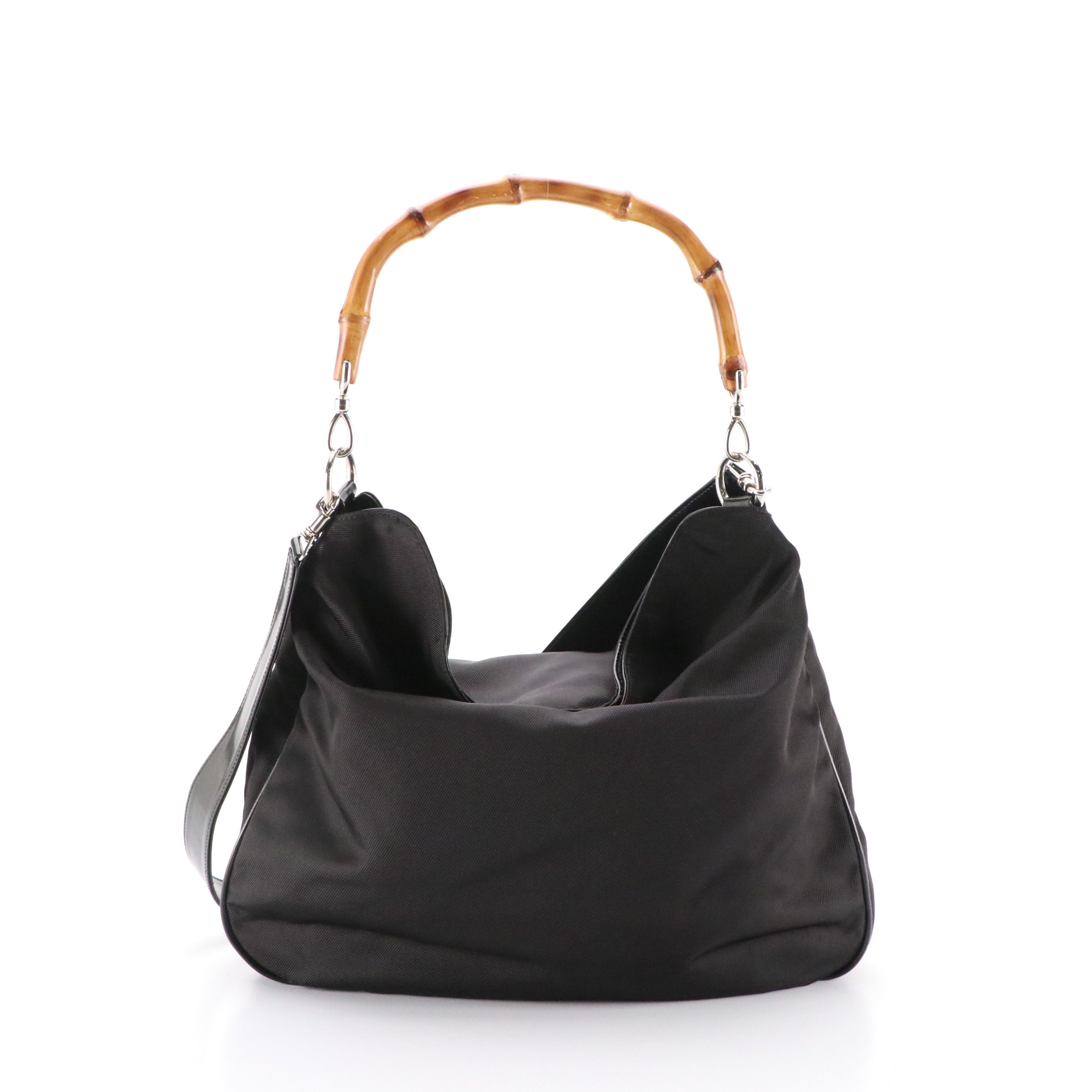 Gucci Bamboo Handle Two-Way Hobo Tote Bag in Black Nylon Canvas and Leather