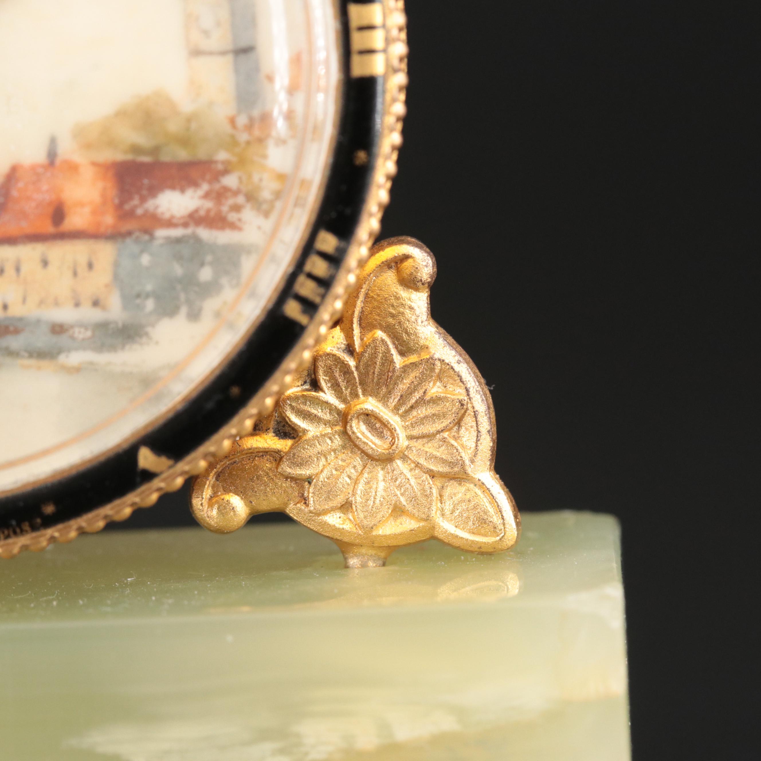 Miniature European Serpentine and Gilt Bronze Hand-Painted Desk Clock