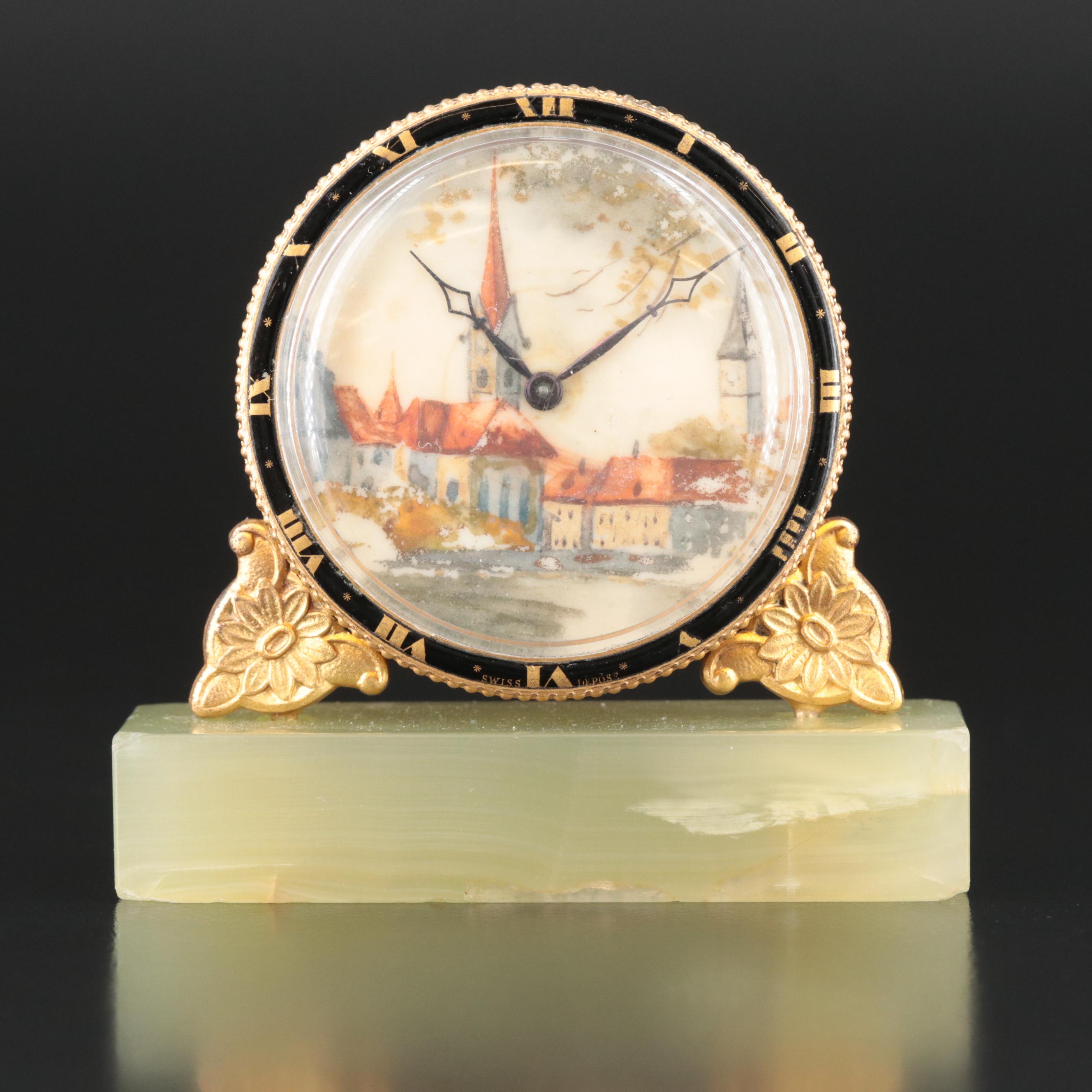 Miniature European Serpentine and Gilt Bronze Hand-Painted Desk Clock