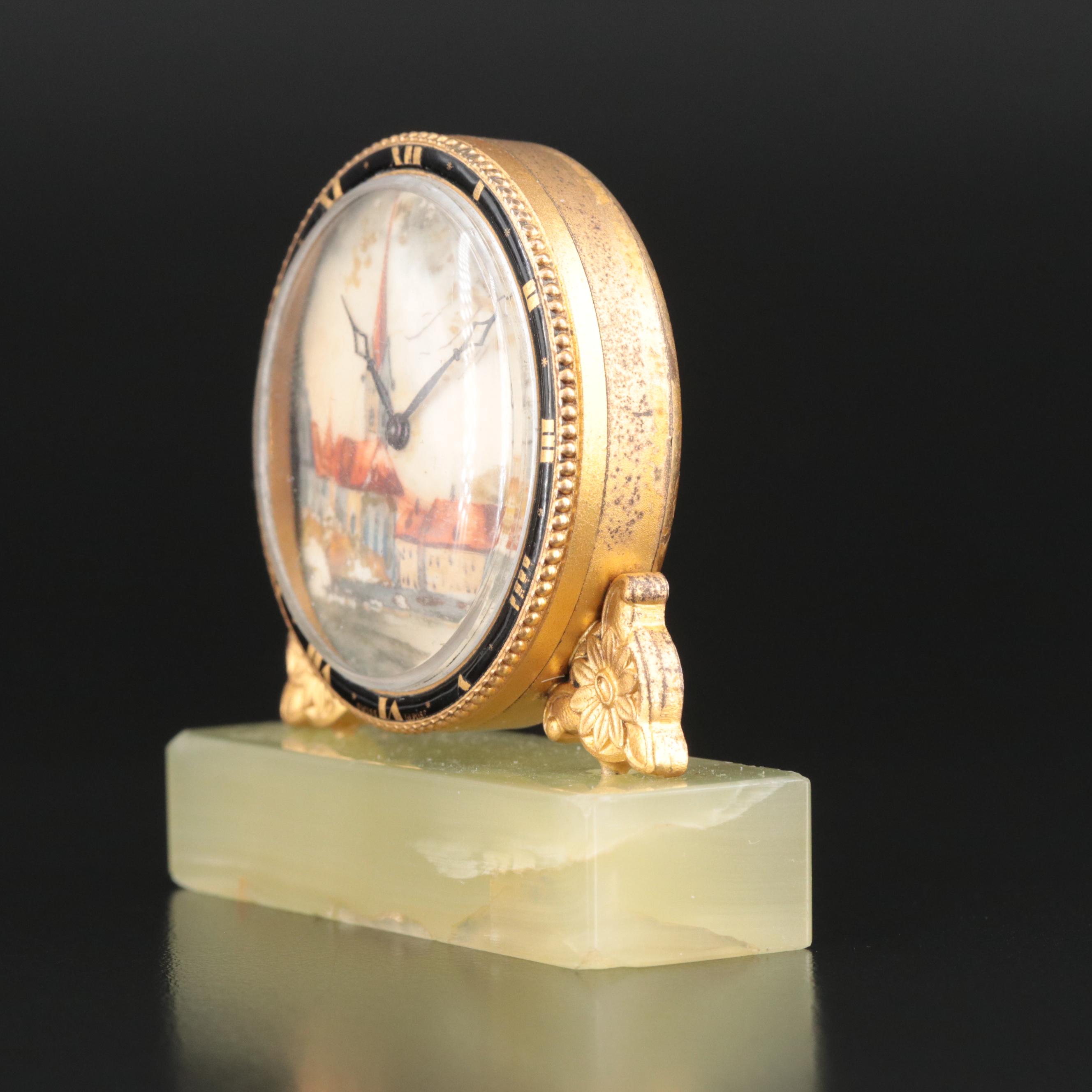 Miniature European Serpentine and Gilt Bronze Hand-Painted Desk Clock