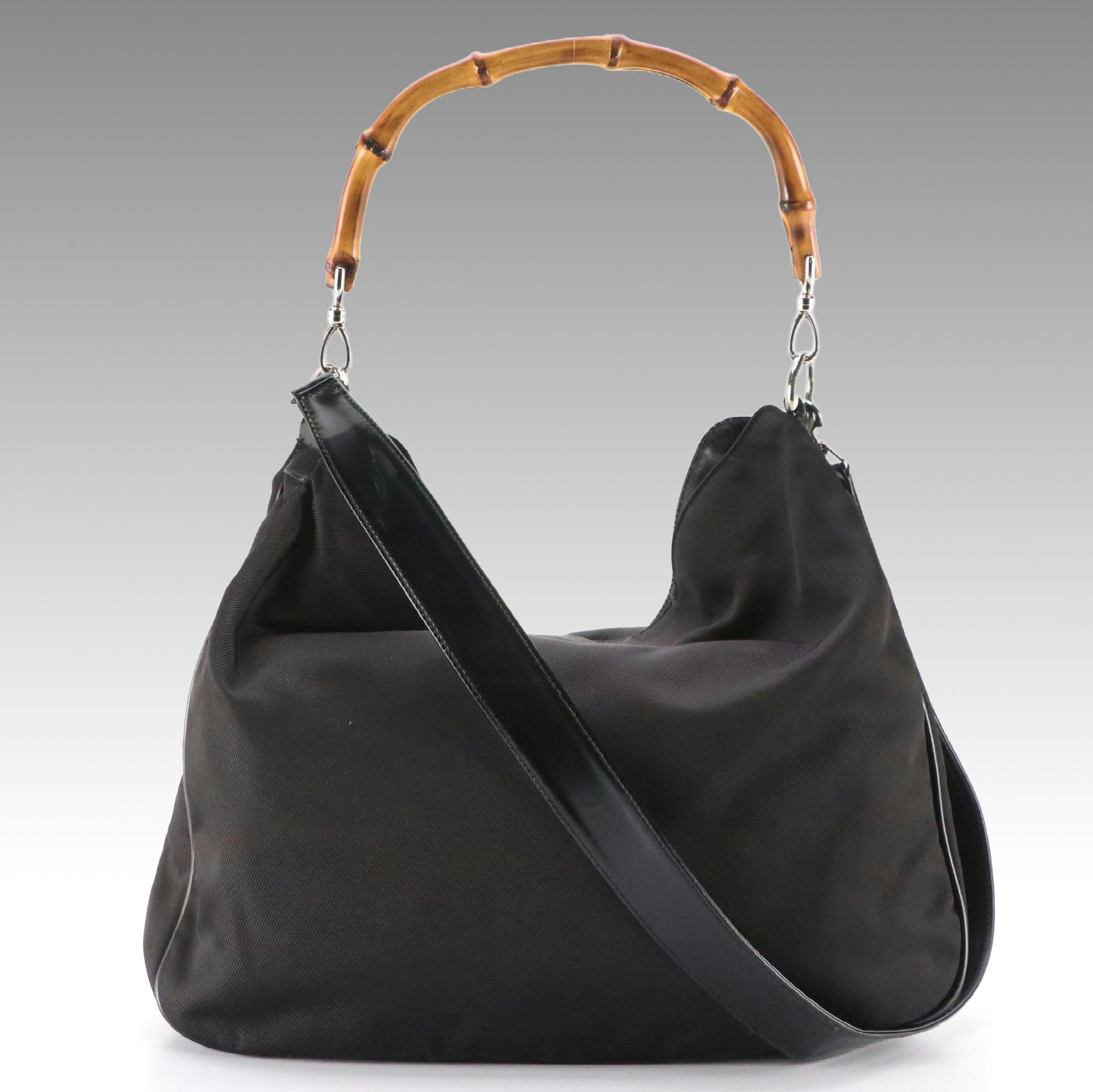Gucci Bamboo Handle Two-Way Hobo Tote Bag in Black Nylon Canvas and Leather