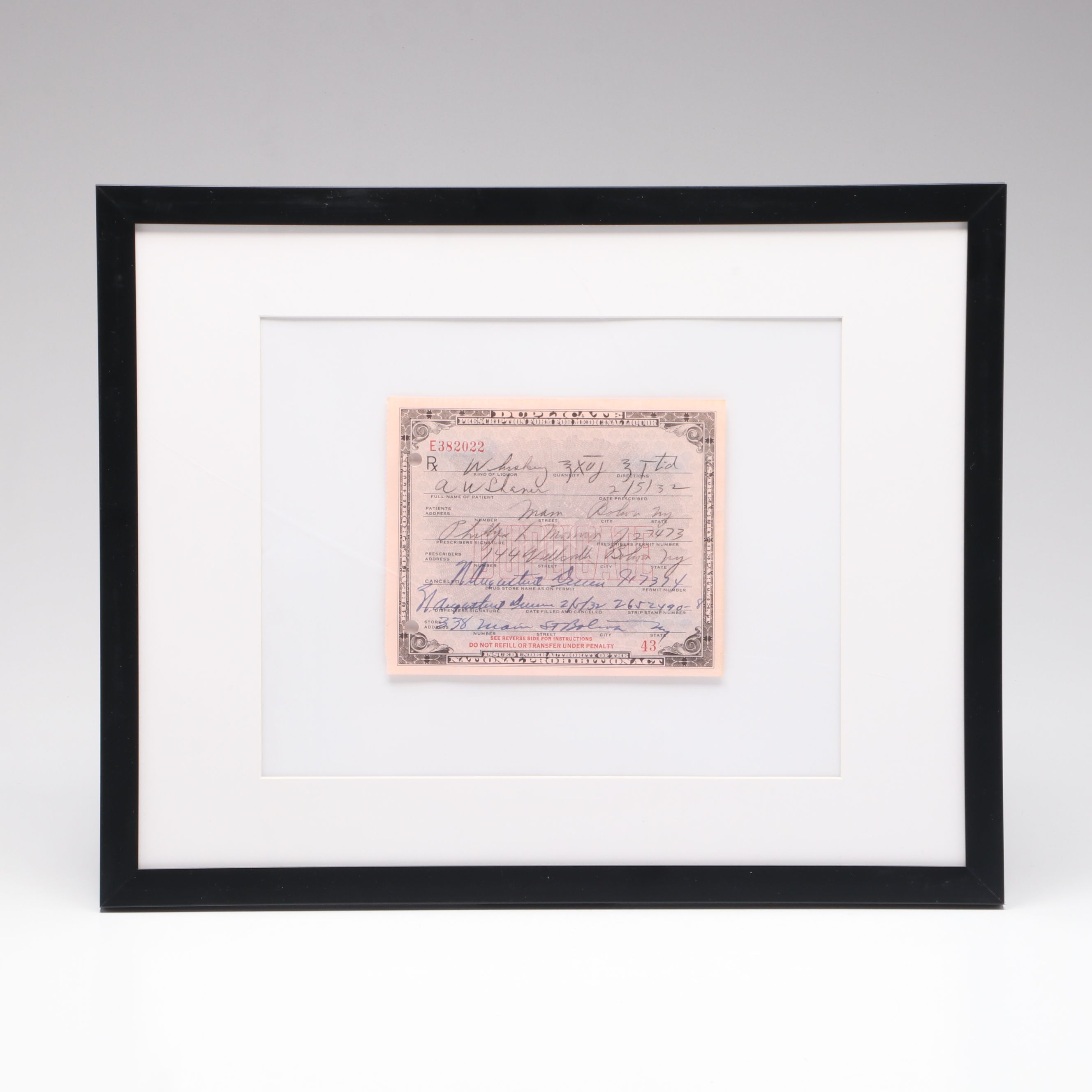 Prohibition Era Prescription Form for Alcohol, 1932