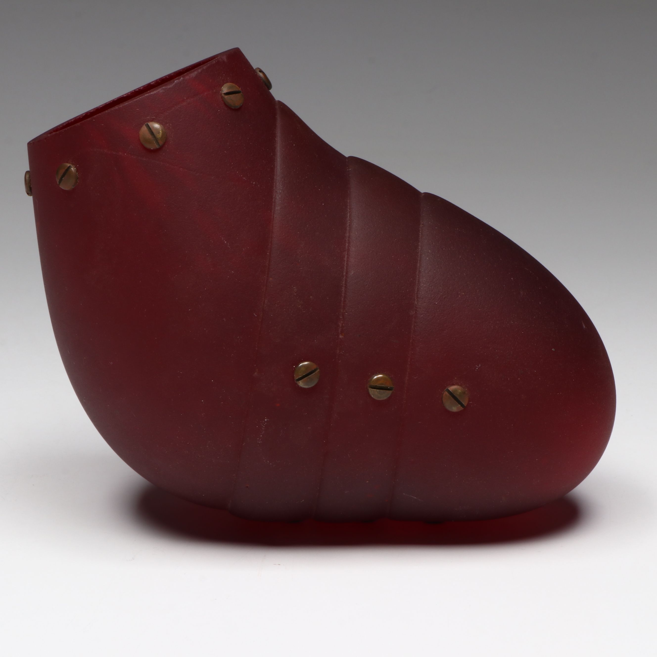 Industrial Style Segmented Ruby Satin Glass Form with Copper Rivets