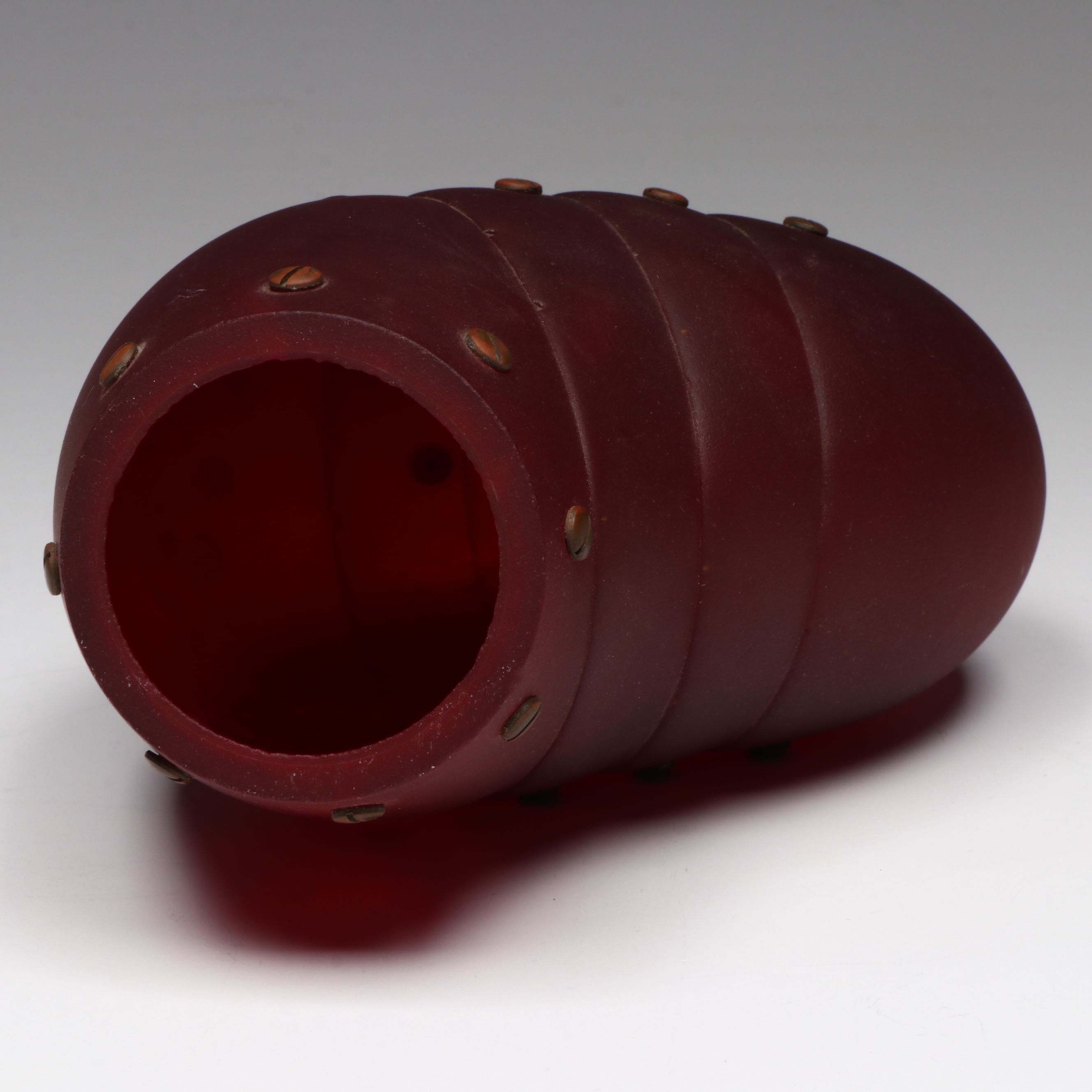 Industrial Style Segmented Ruby Satin Glass Form with Copper Rivets