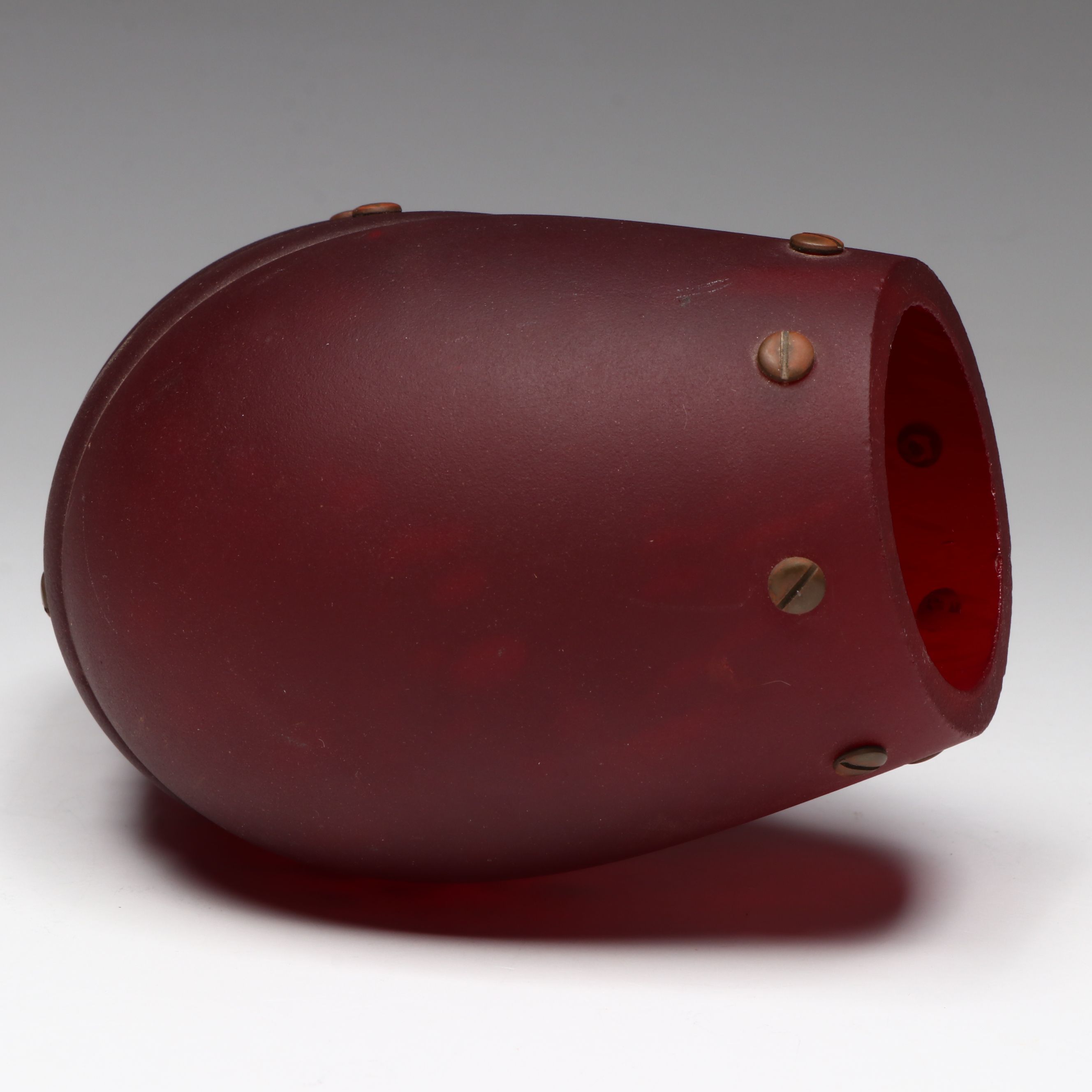 Industrial Style Segmented Ruby Satin Glass Form with Copper Rivets
