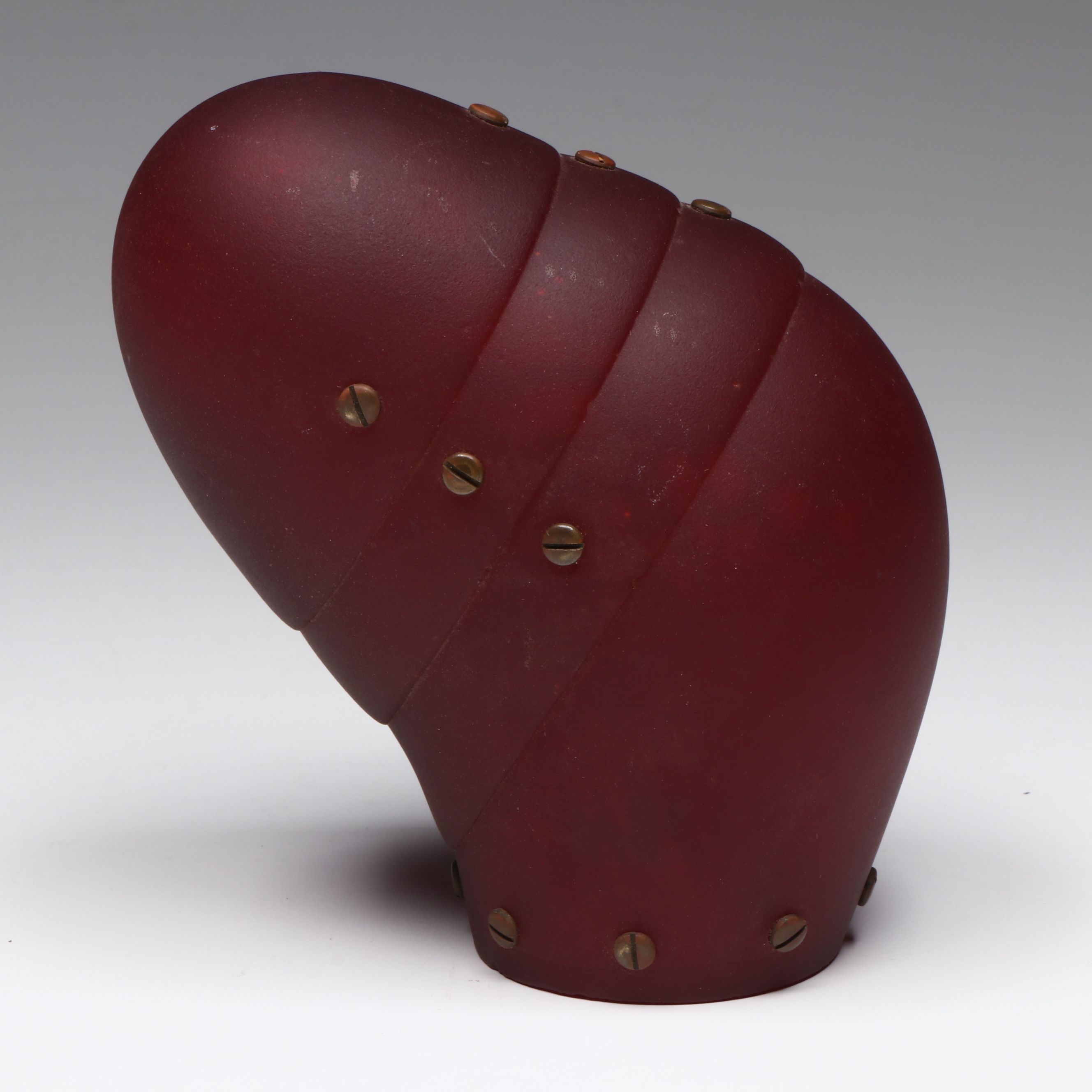 Industrial Style Segmented Ruby Satin Glass Form with Copper Rivets