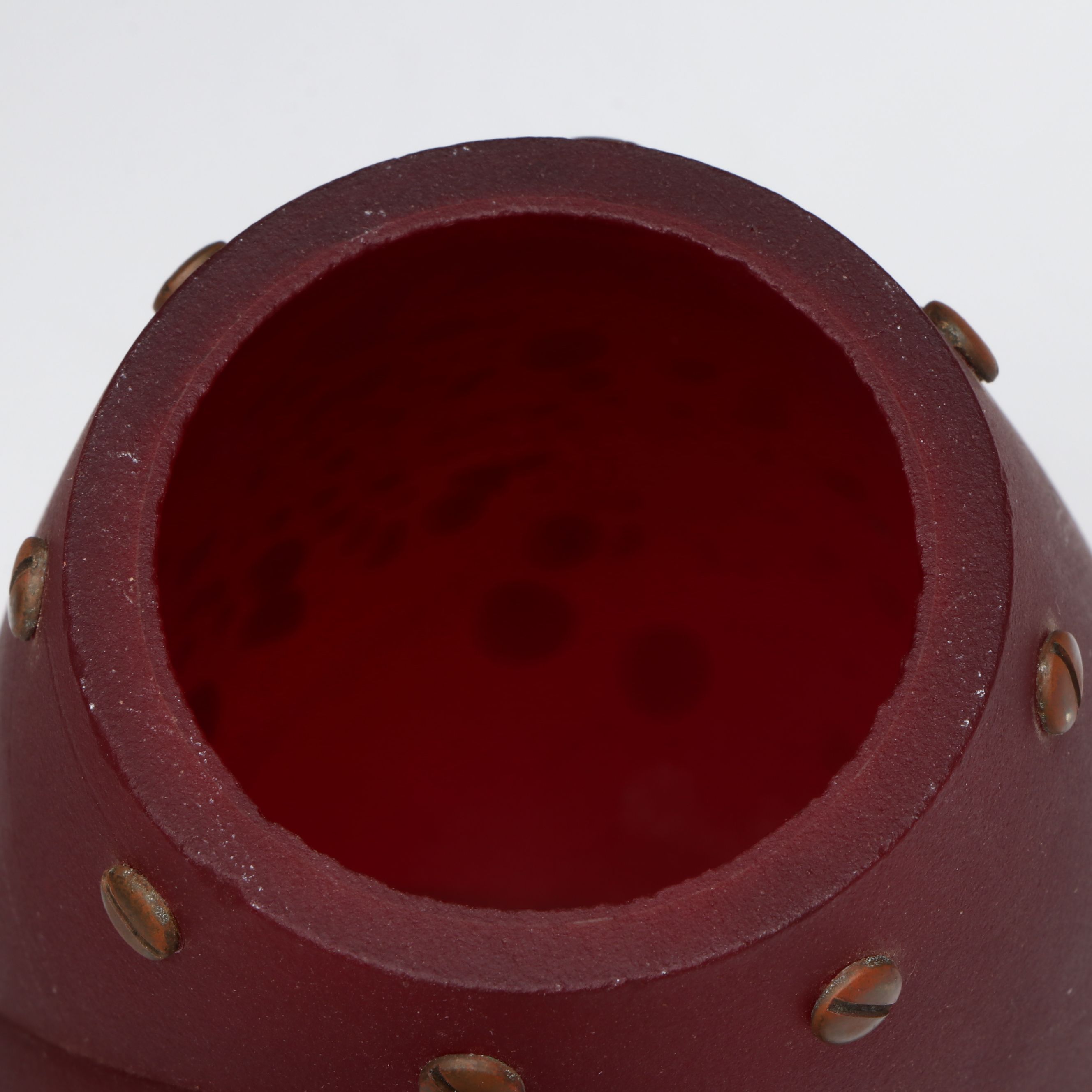 Industrial Style Segmented Ruby Satin Glass Form with Copper Rivets