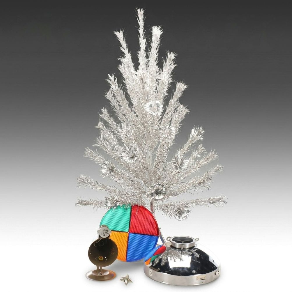 Evergleam Aluminum Tree with Color Wheel Lamp and More Vintage Christmas Décor