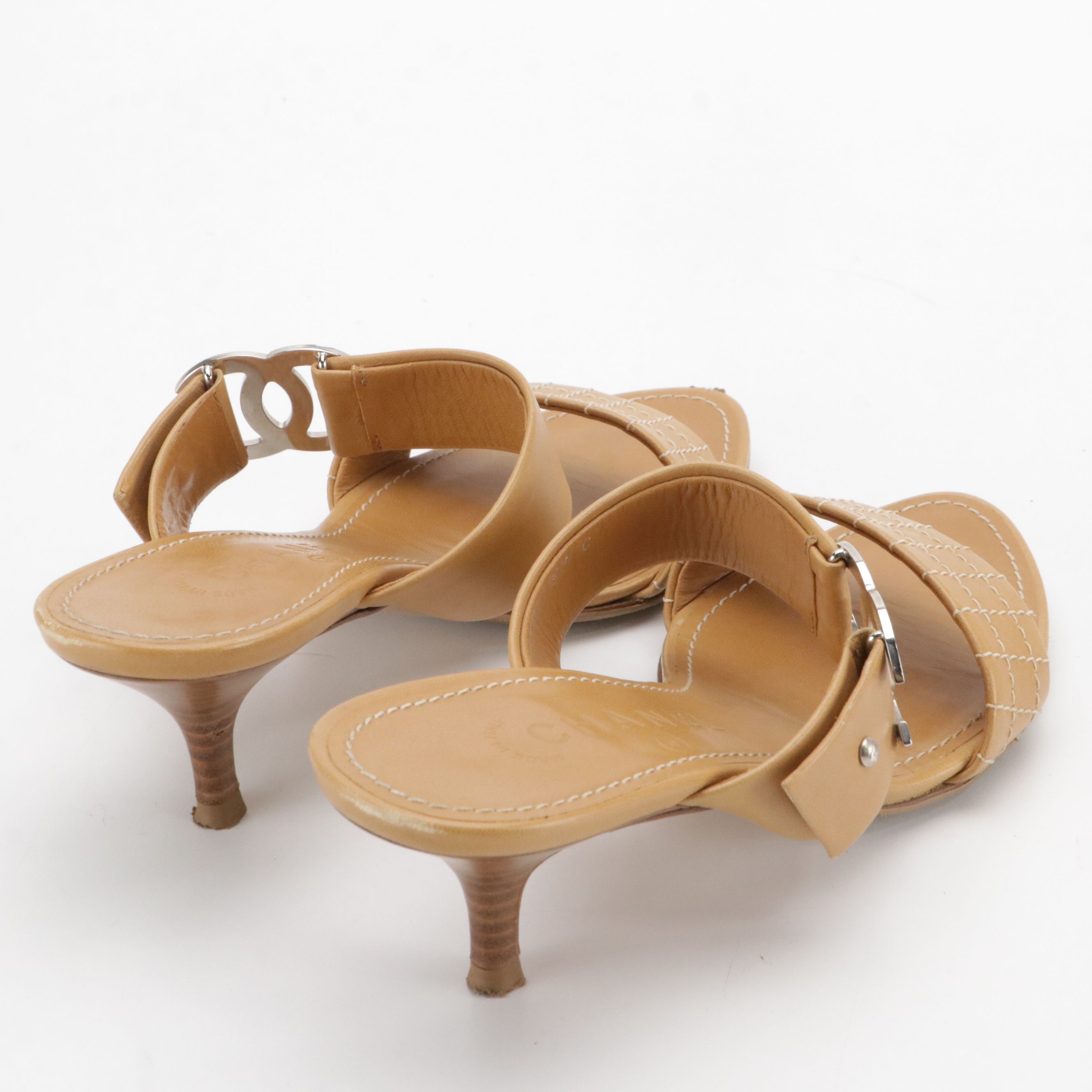 Chanel CC Kitten Heel Leather Sandals with Contrast Stitching and Box