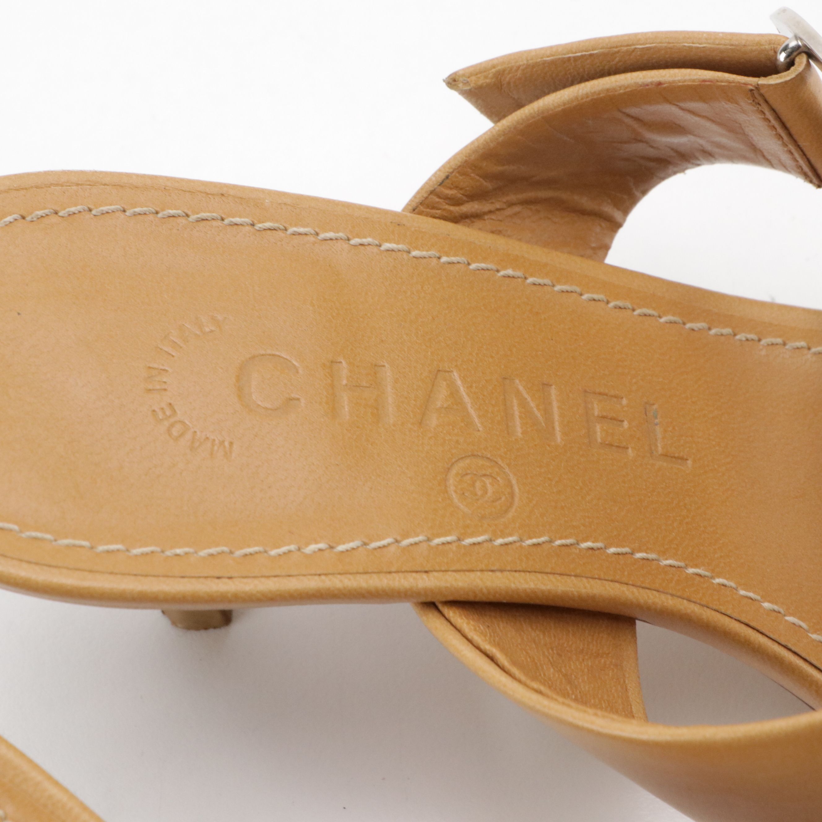 Chanel CC Kitten Heel Leather Sandals with Contrast Stitching and Box