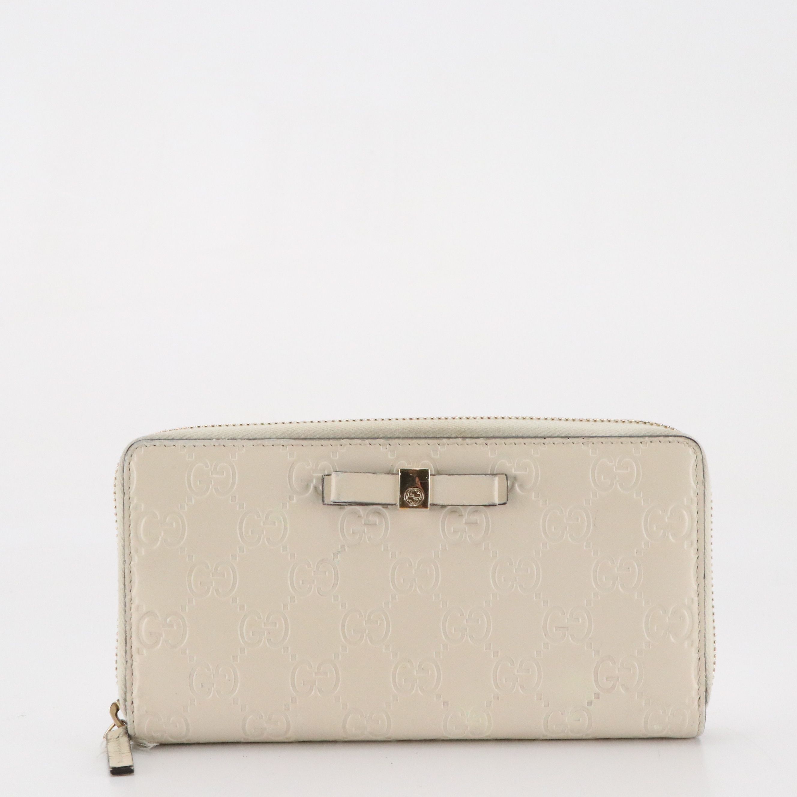 Gucci Zip Around Bow Wallet in White Guccissima Calfskin Leather