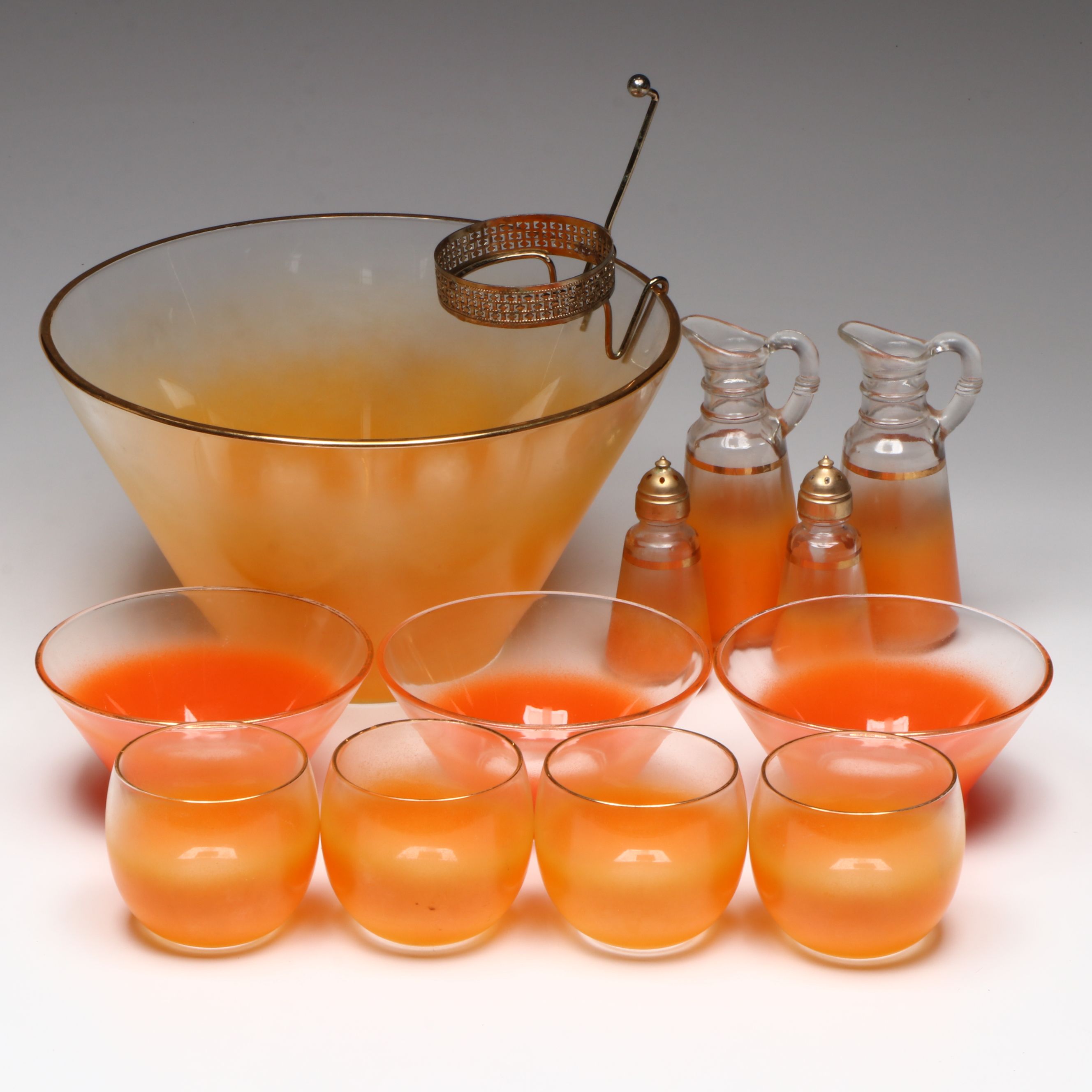 Mid Century Modern Orange Glass Bowls with Cocktail Glasses and Other Tableware
