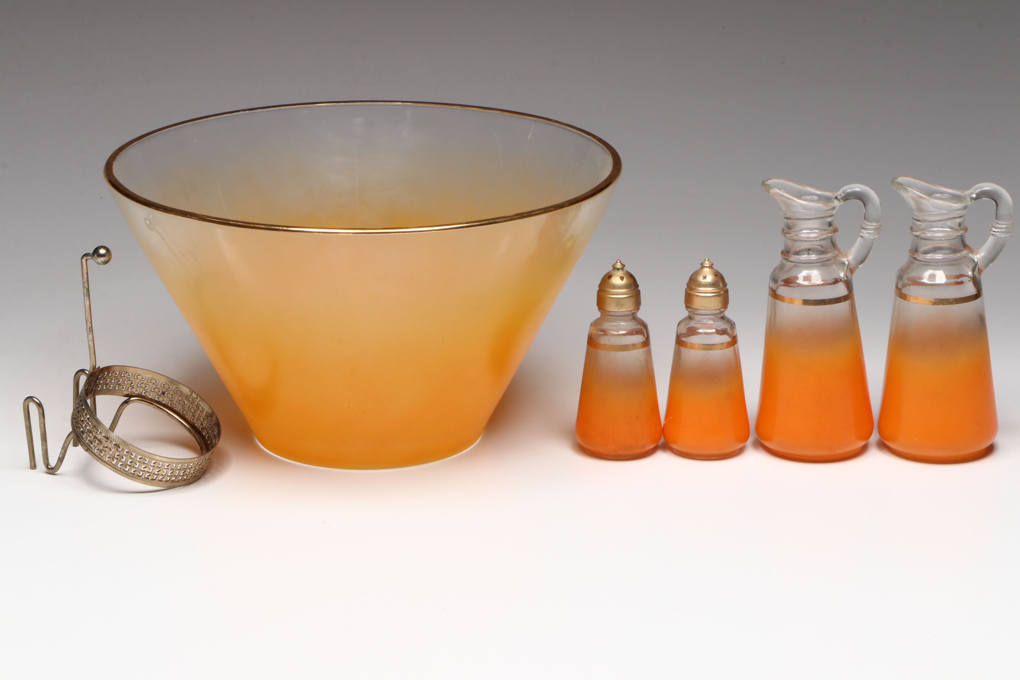 Mid Century Modern Orange Glass Bowls with Cocktail Glasses and Other Tableware