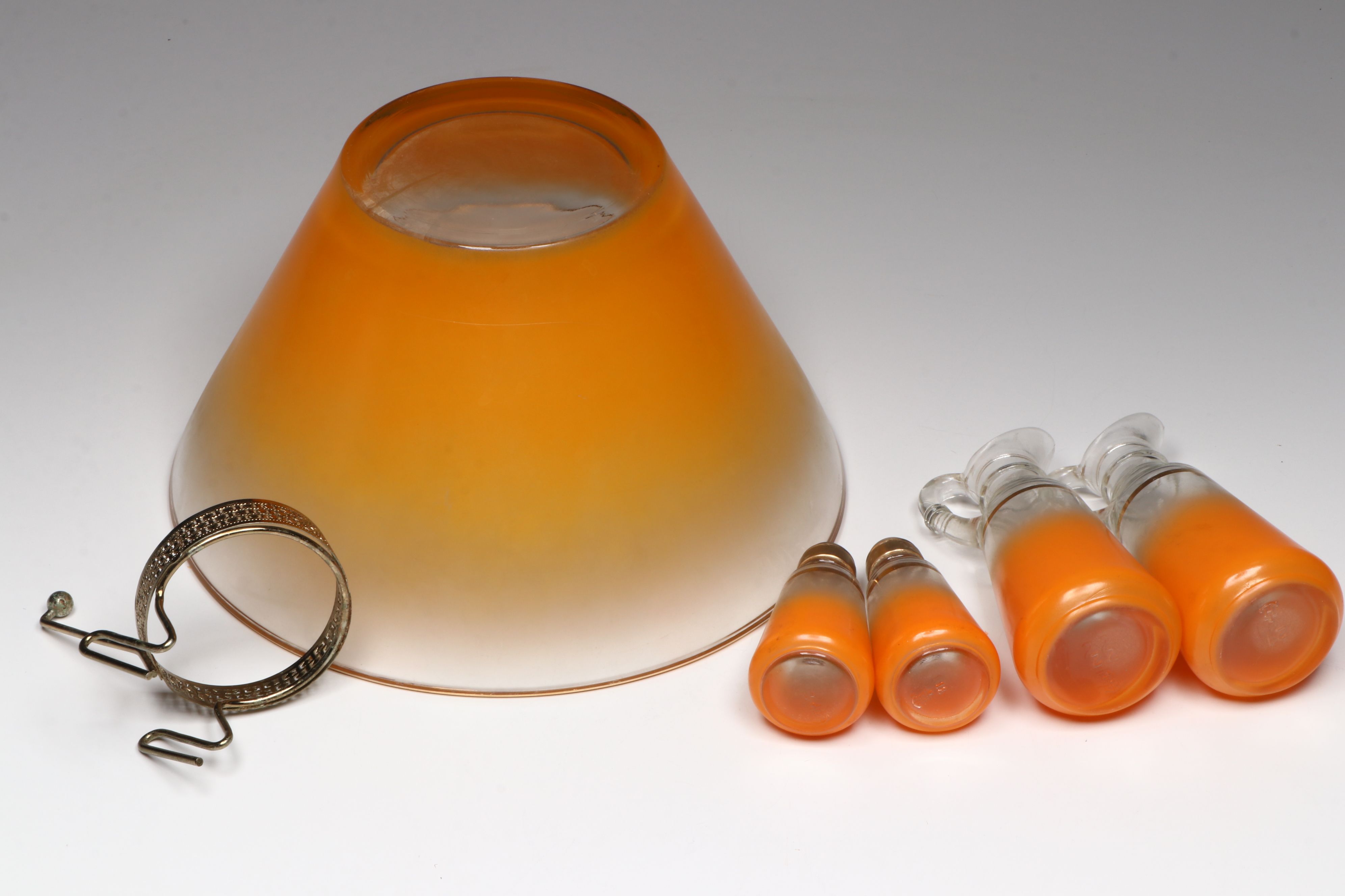 Mid Century Modern Orange Glass Bowls with Cocktail Glasses and Other Tableware