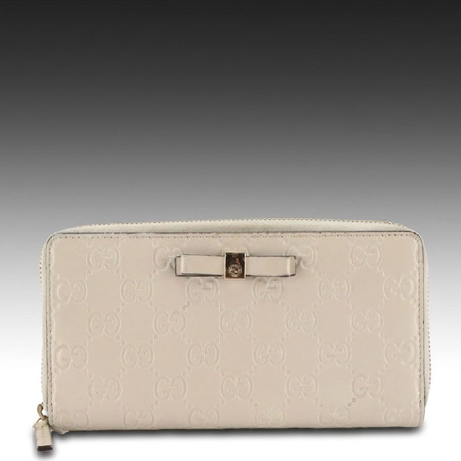 Gucci Zip Around Bow Wallet in White Guccissima Calfskin Leather