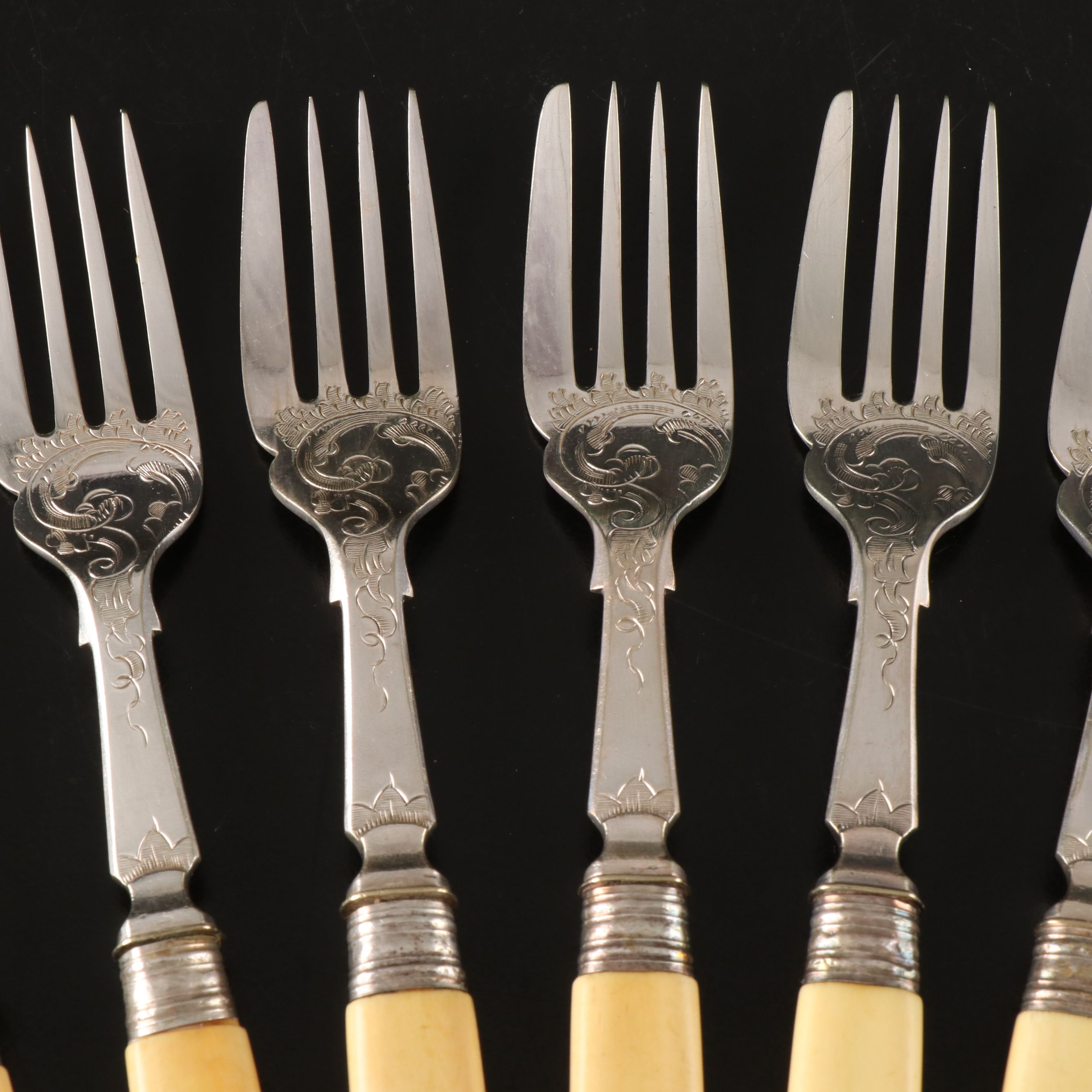 Burton Celluloid Handled Silver Plate Fish Knives and Forks
