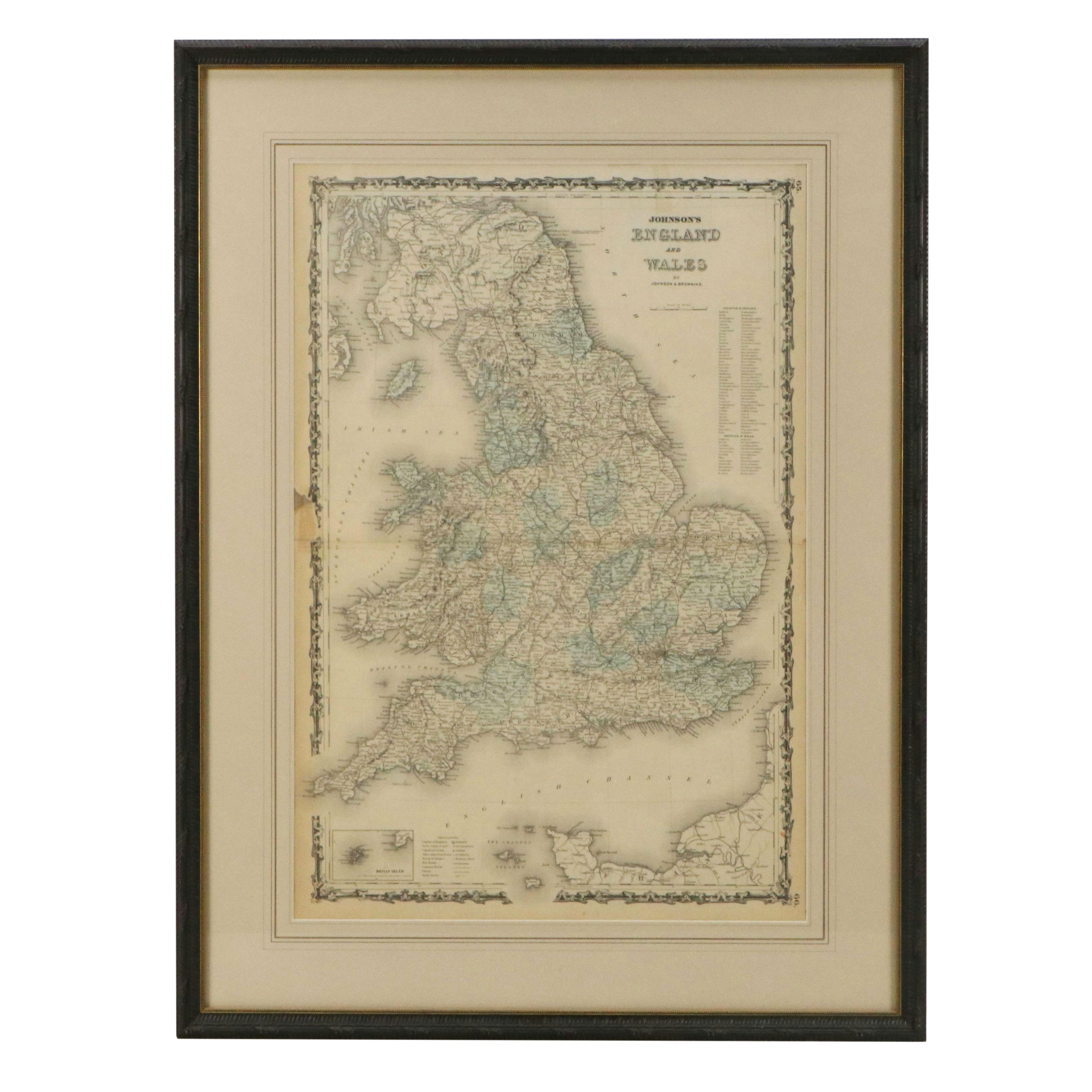 Johnson & Browning Hand-Painted Map Engraving "Johnson's England and Wales" 1864