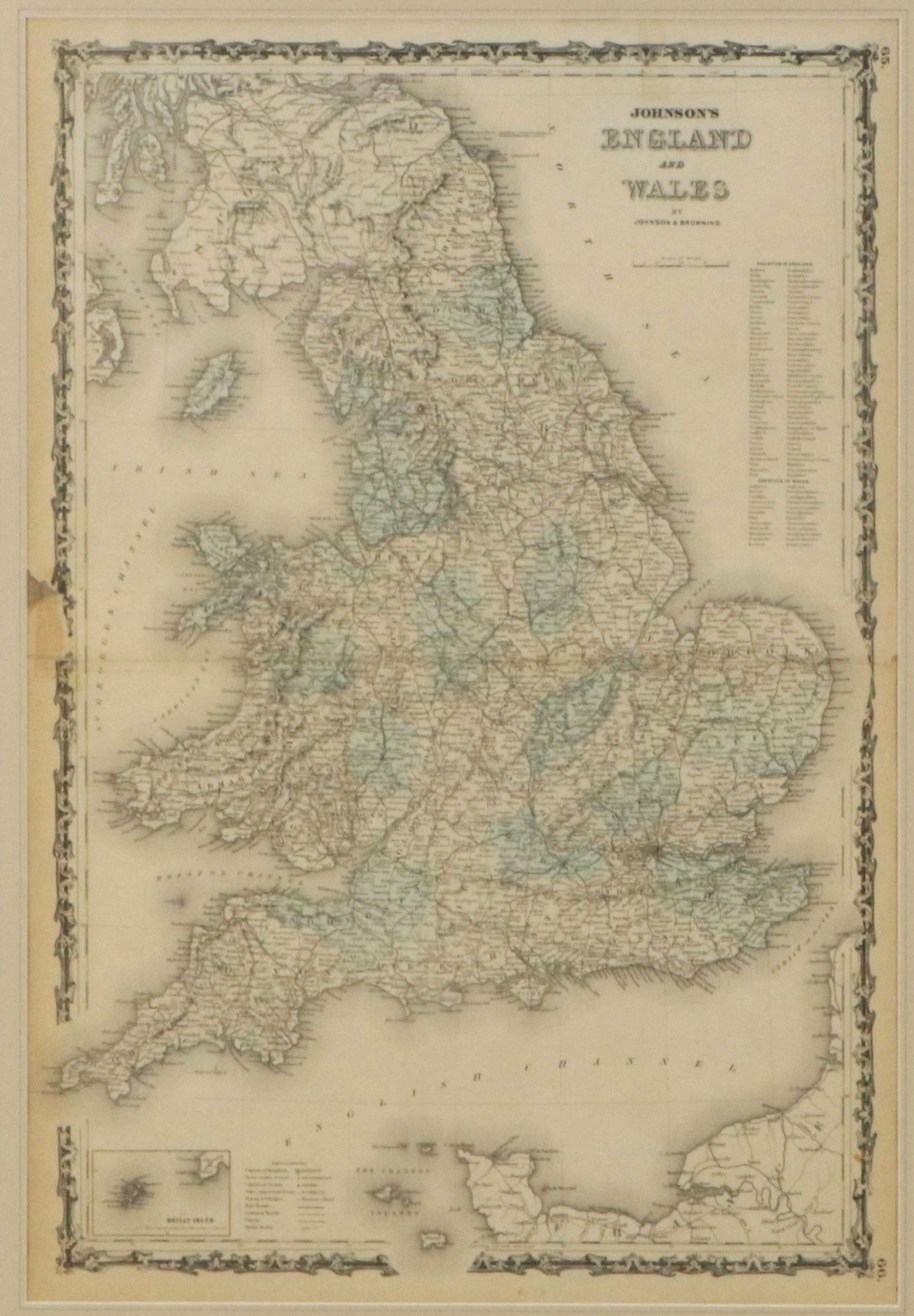 Johnson & Browning Hand-Painted Map Engraving "Johnson's England and Wales" 1864