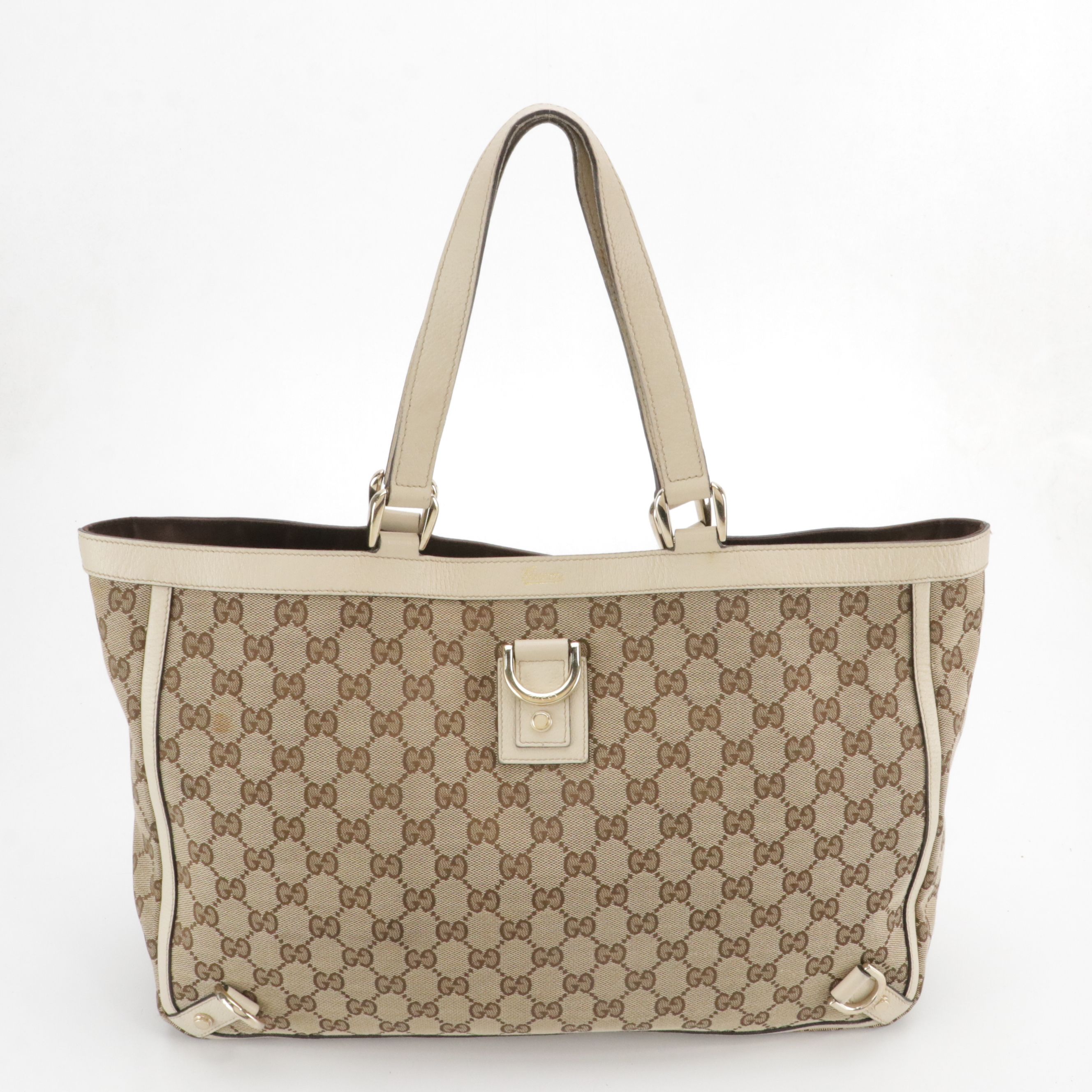 Gucci Abbey D Ring Tote Bag in Brown GG Canvas and Ivory Leather