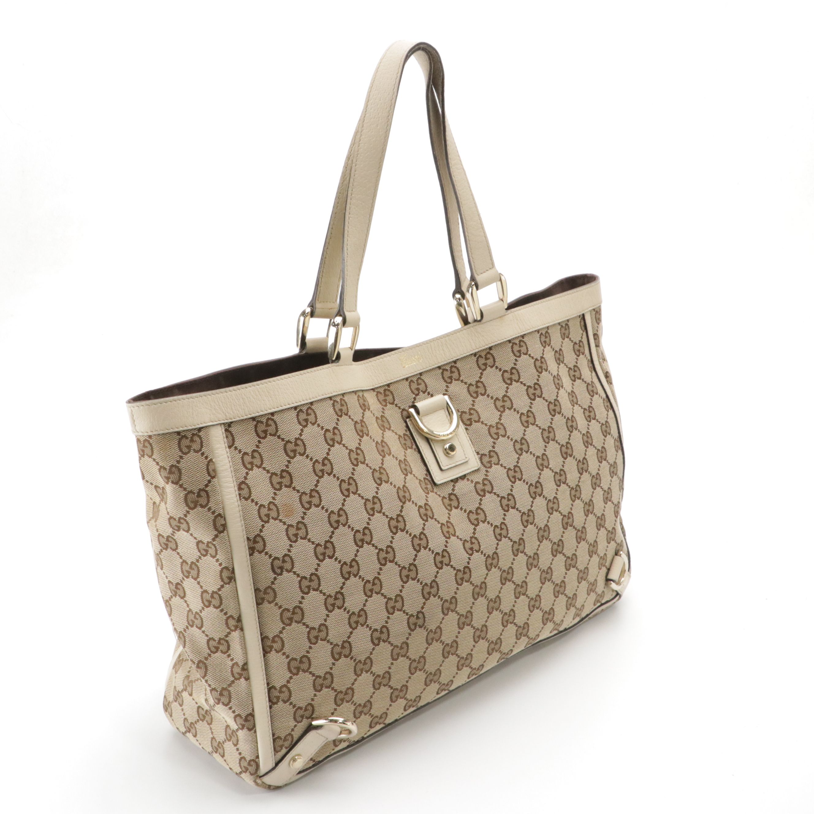 Gucci Abbey D Ring Tote Bag in Brown GG Canvas and Ivory Leather