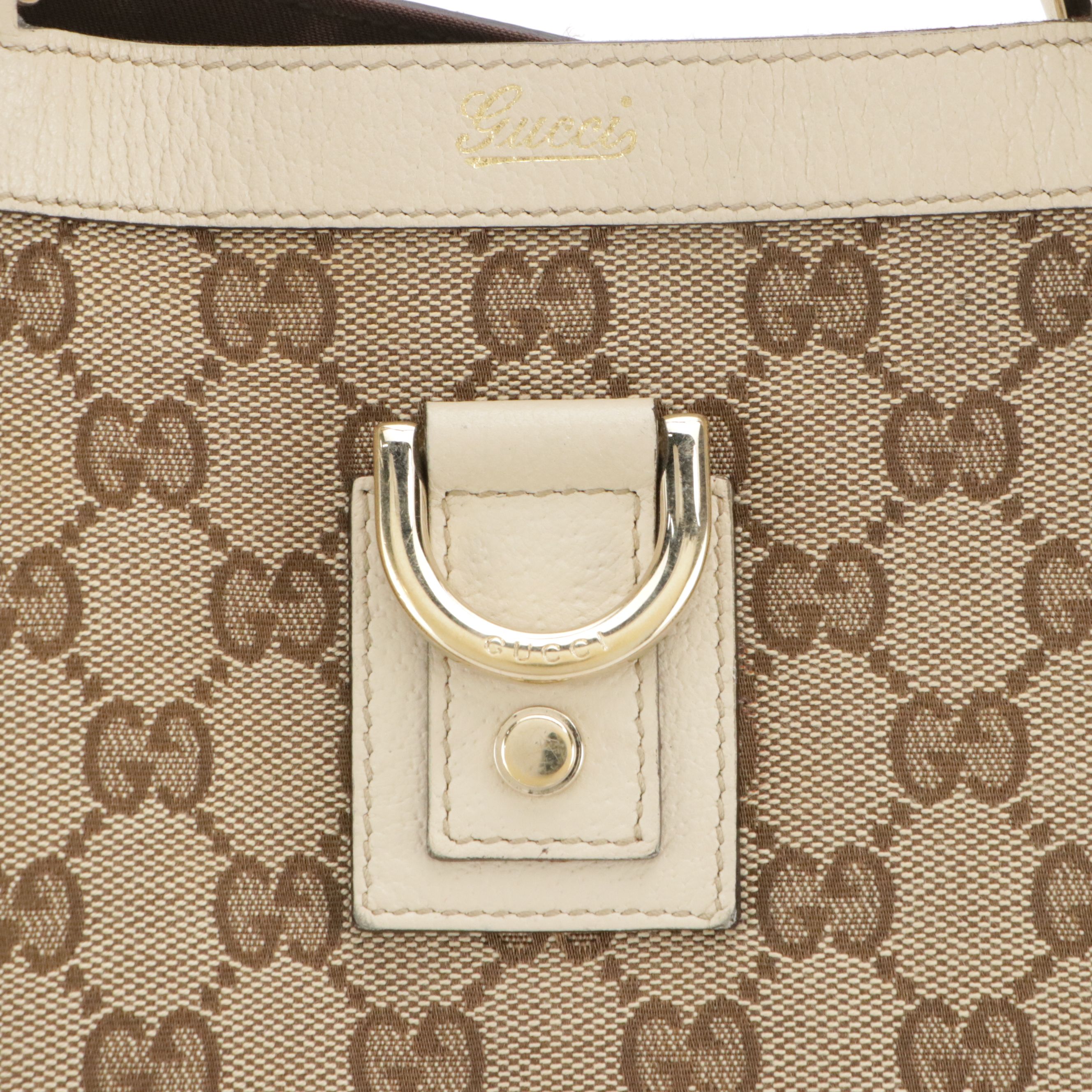 Gucci Abbey D Ring Tote Bag in Brown GG Canvas and Ivory Leather