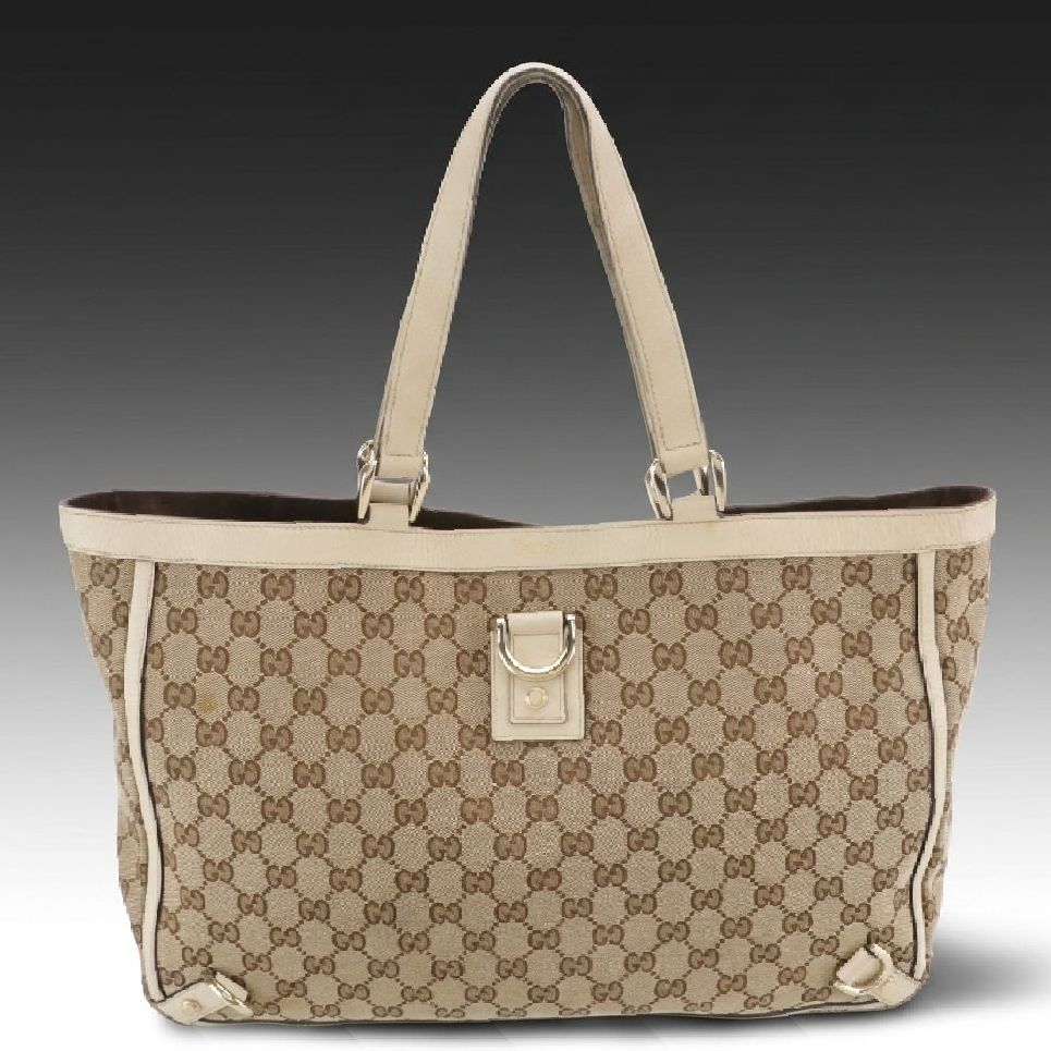Gucci Abbey D Ring Tote Bag in Brown GG Canvas and Ivory Leather