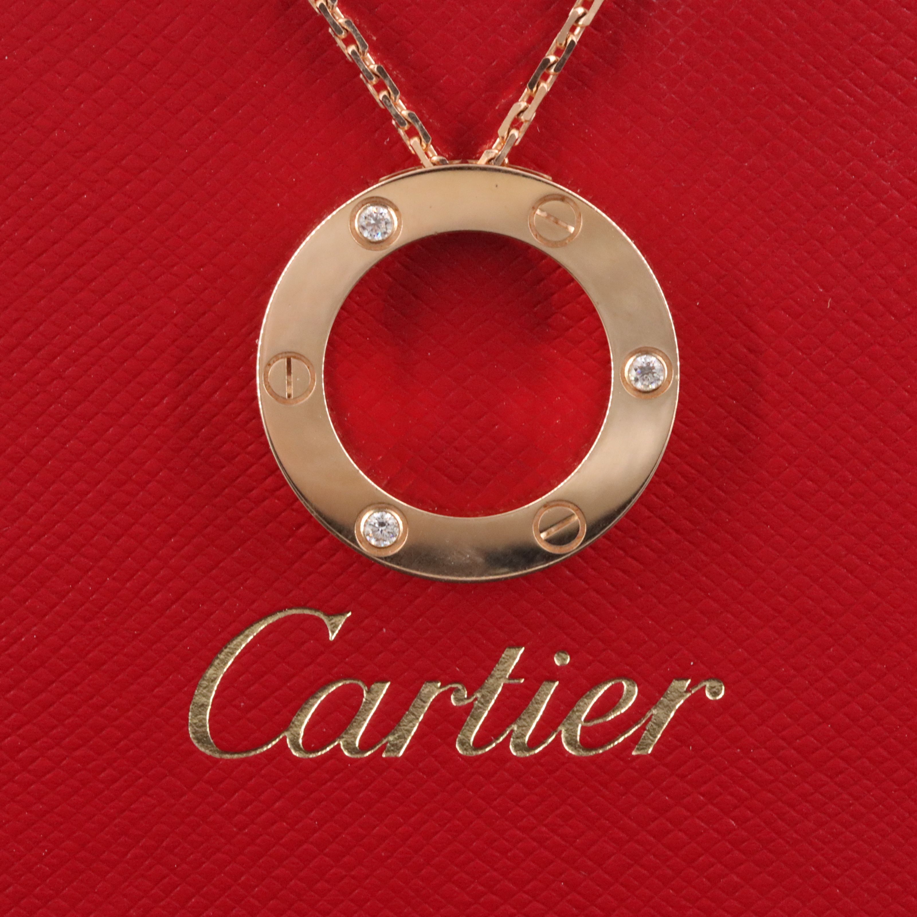 Cartier LOVE 18K Rose Gold Three Diamond Pendant Necklace