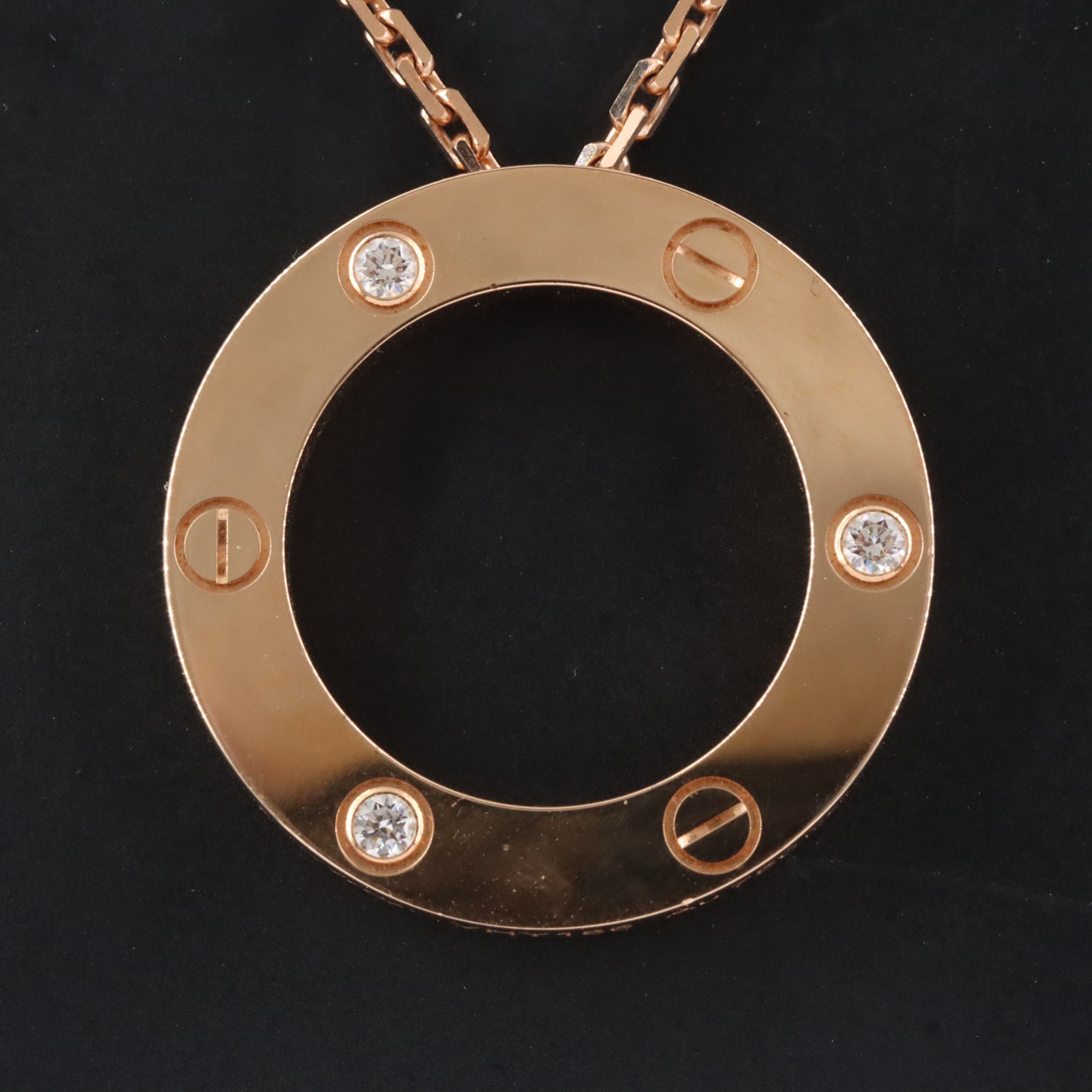 Cartier LOVE 18K Rose Gold Three Diamond Pendant Necklace