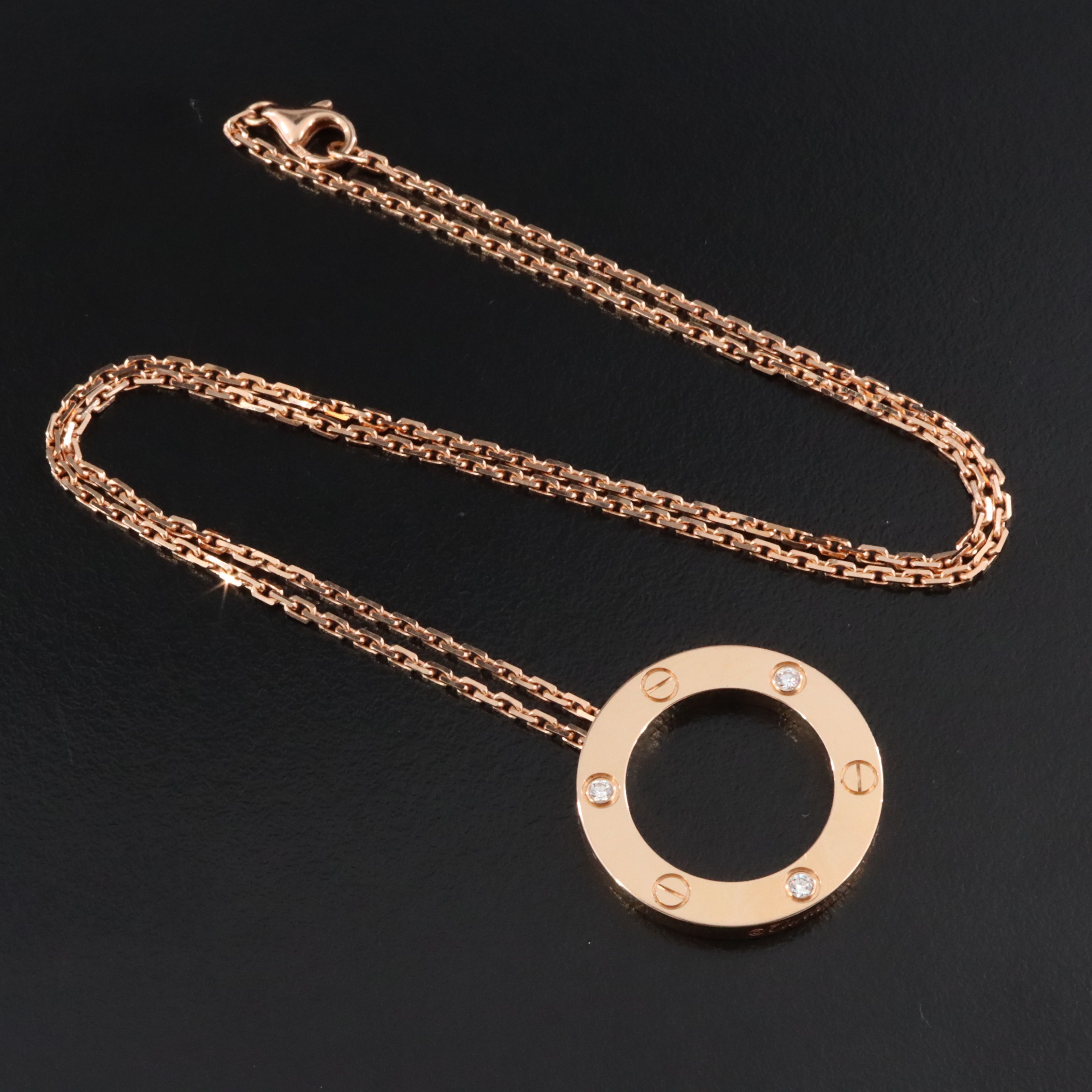 Cartier LOVE 18K Rose Gold Three Diamond Pendant Necklace