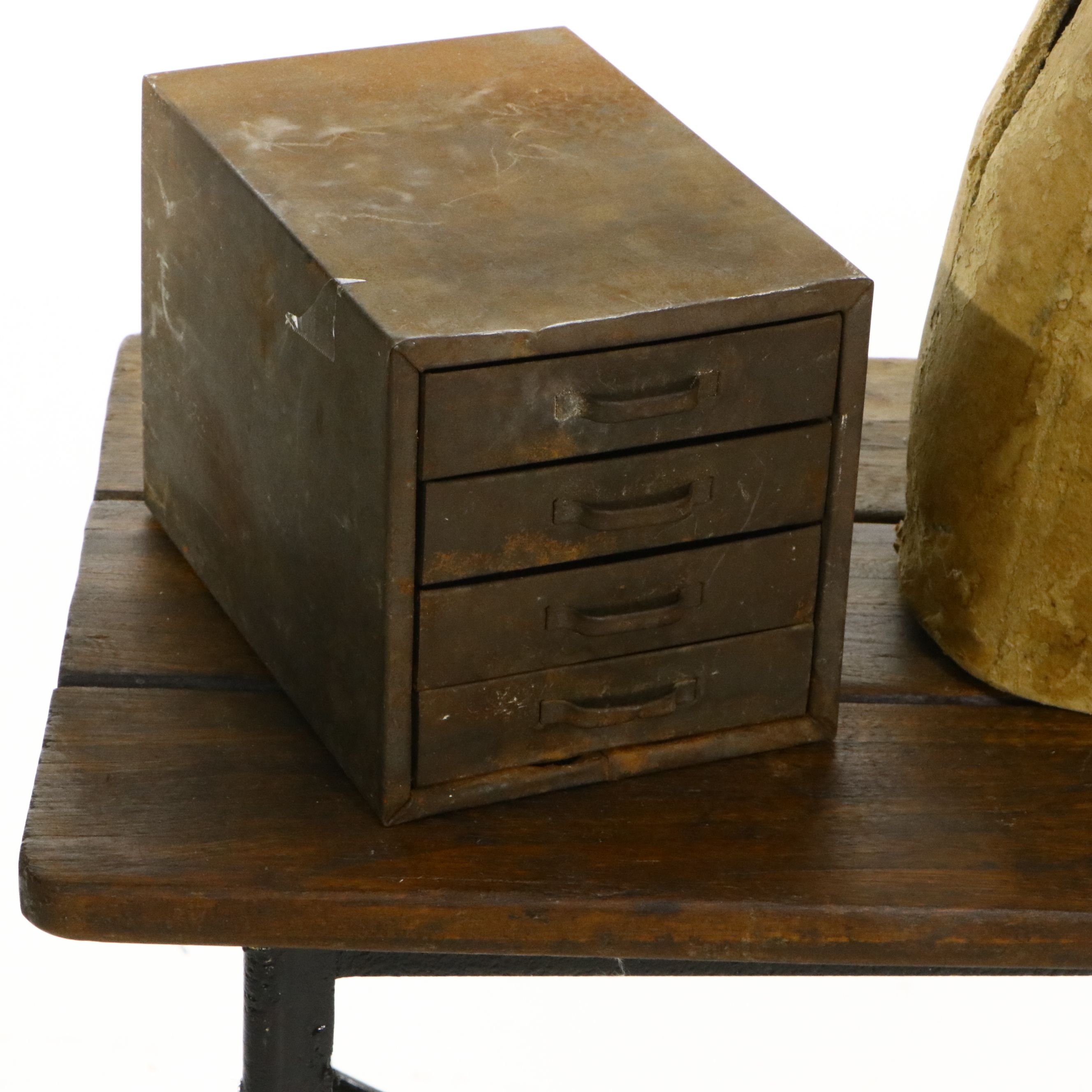 Industrial Table and Cabinet with Antique Dress Form, Early 20th Century