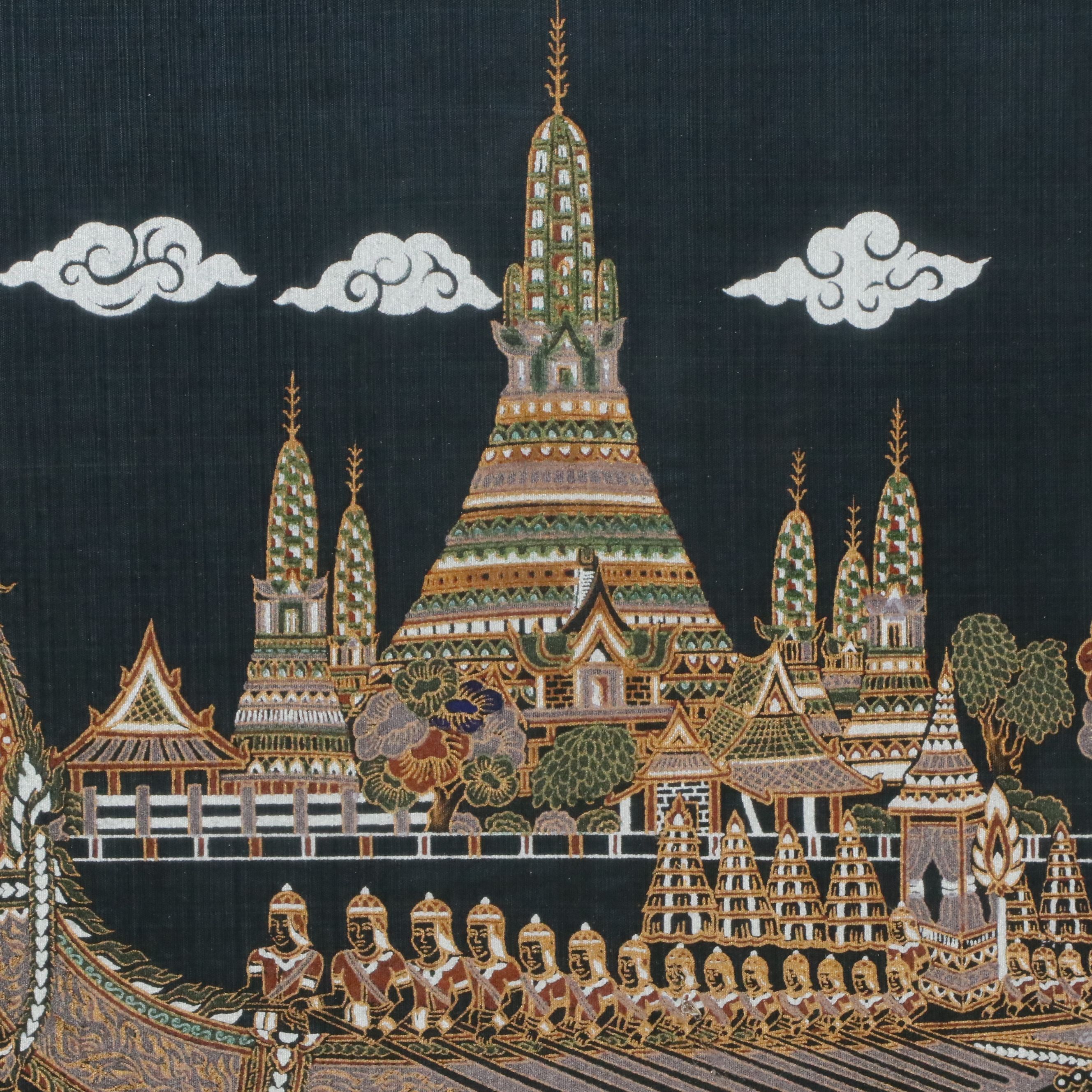 Screenprint on Silk of Suphannahong Royal Barge Passing the Wat Arun Temple