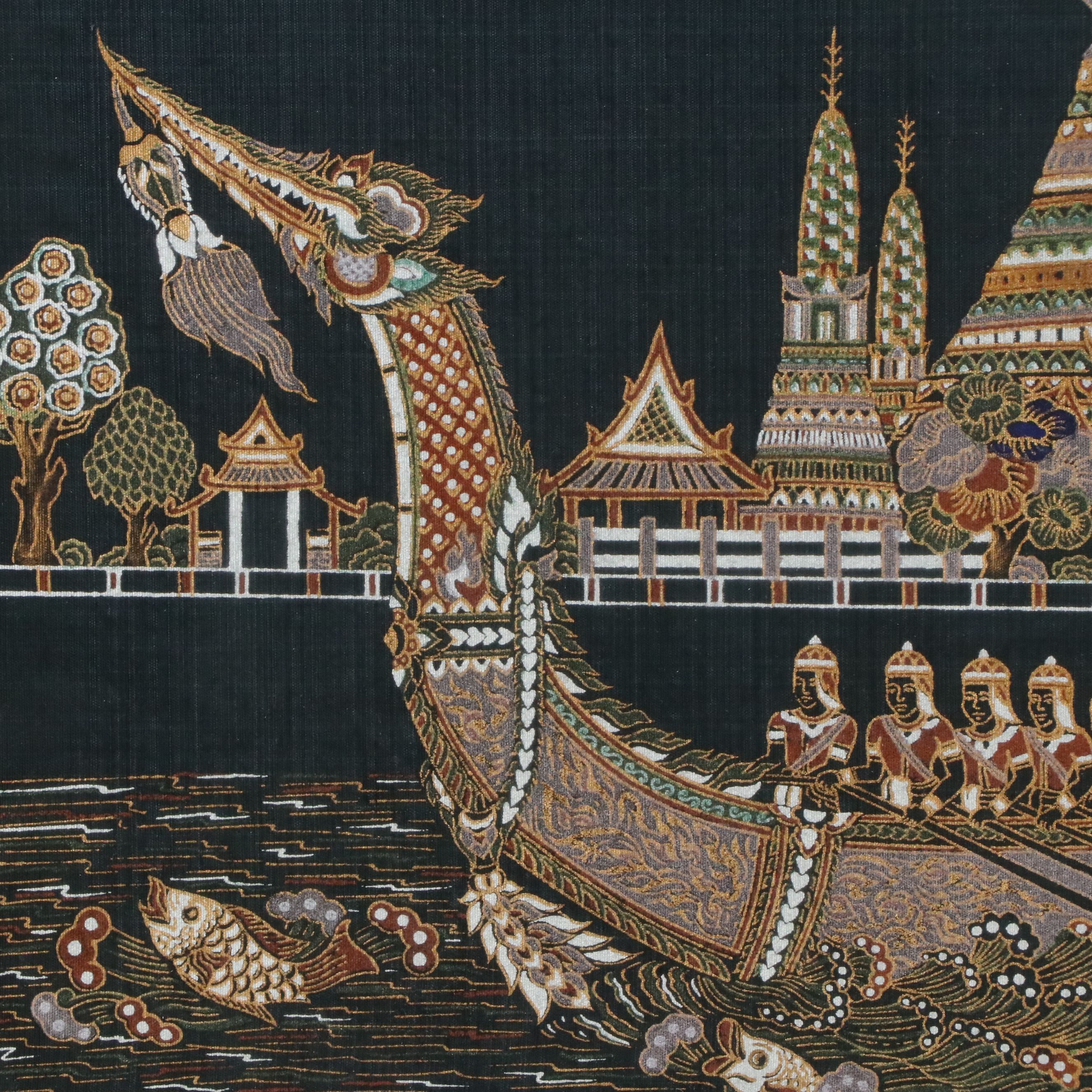 Screenprint on Silk of Suphannahong Royal Barge Passing the Wat Arun Temple