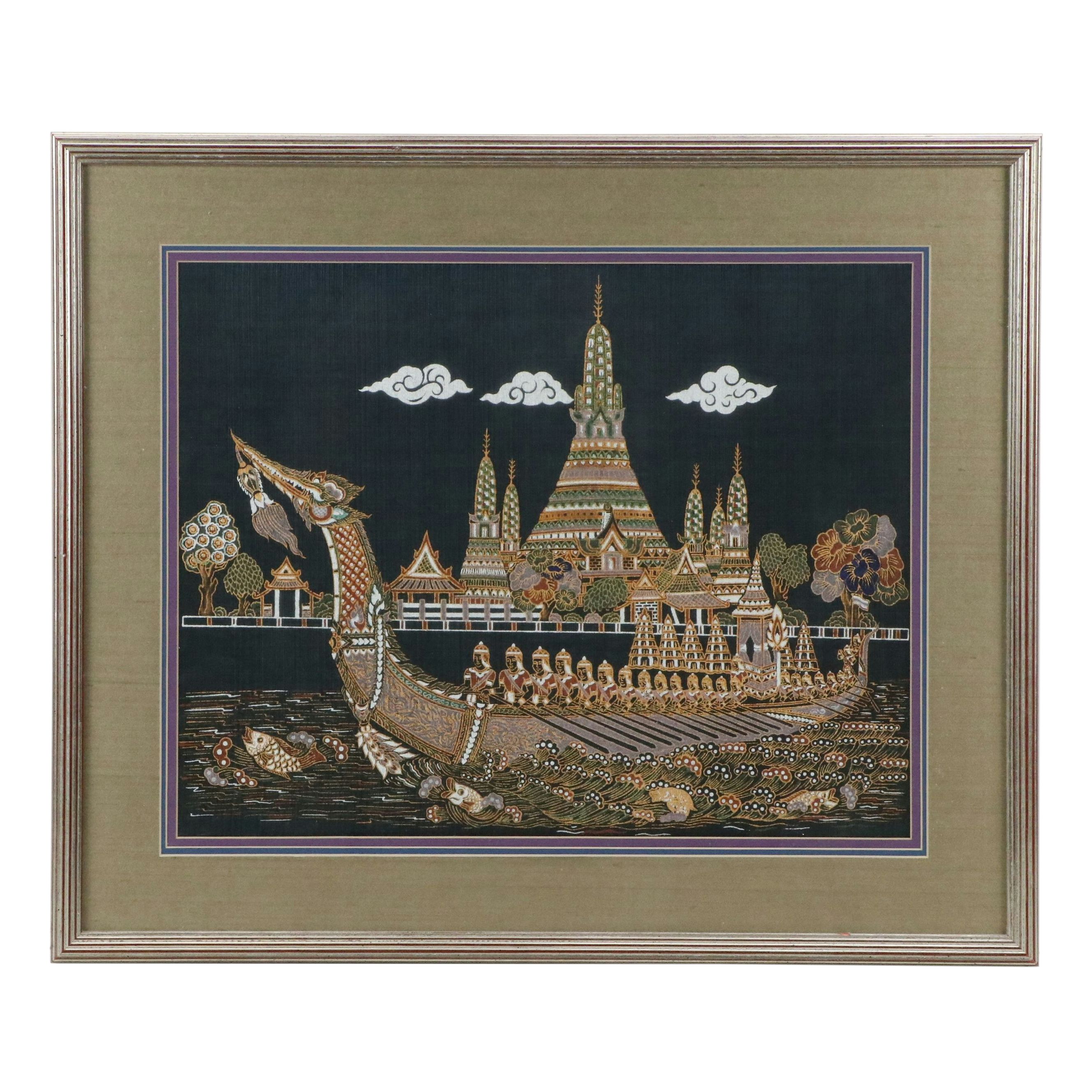 Screenprint on Silk of Suphannahong Royal Barge Passing the Wat Arun Temple