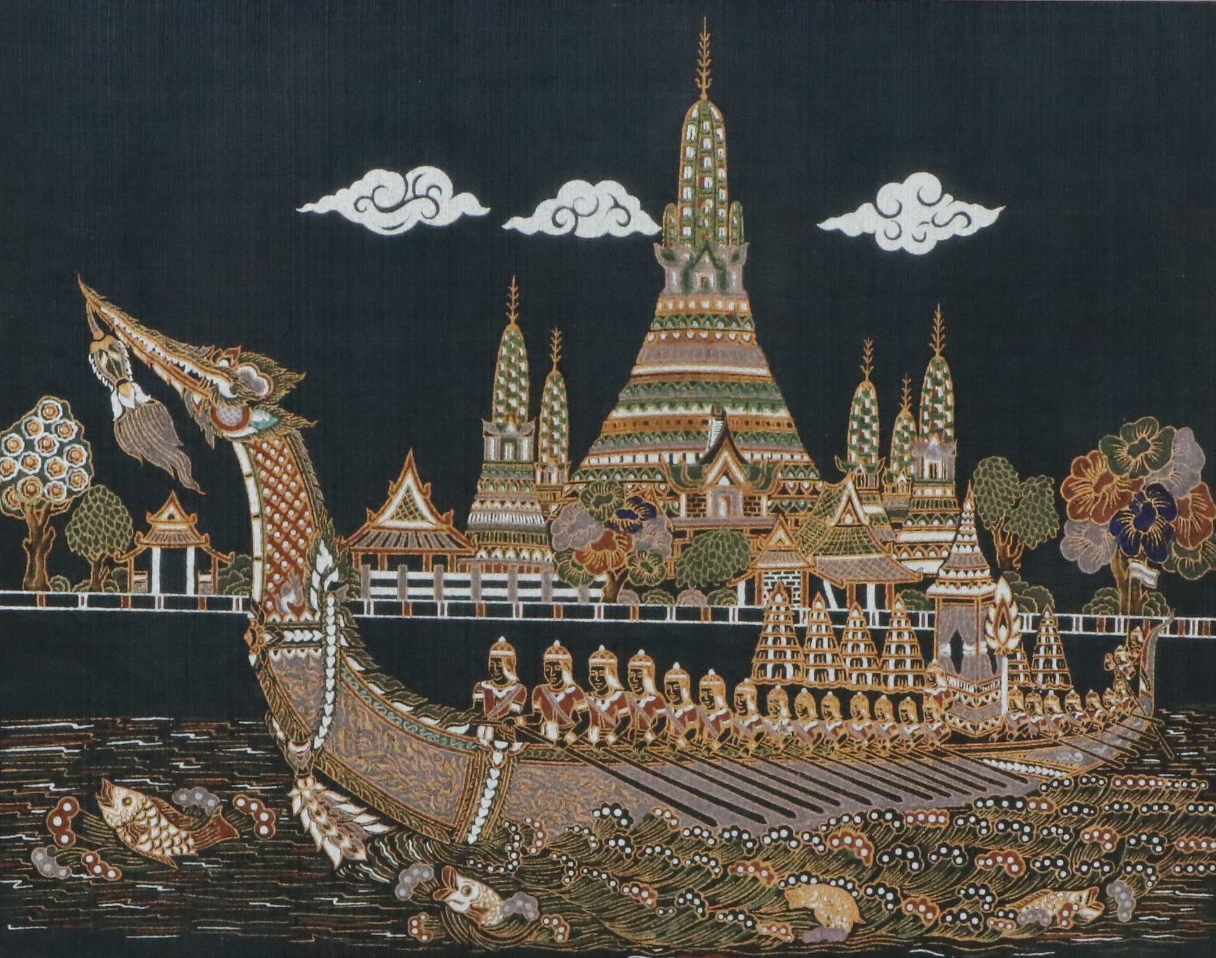 Screenprint on Silk of Suphannahong Royal Barge Passing the Wat Arun Temple