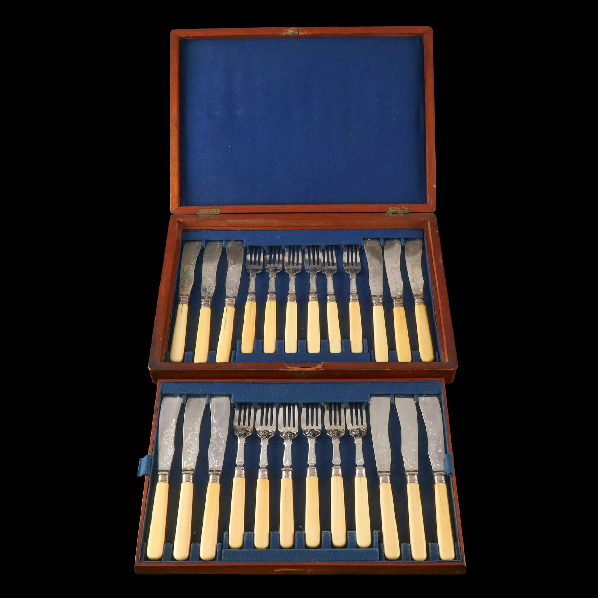 Burton Celluloid Handled Silver Plate Fish Knives and Forks