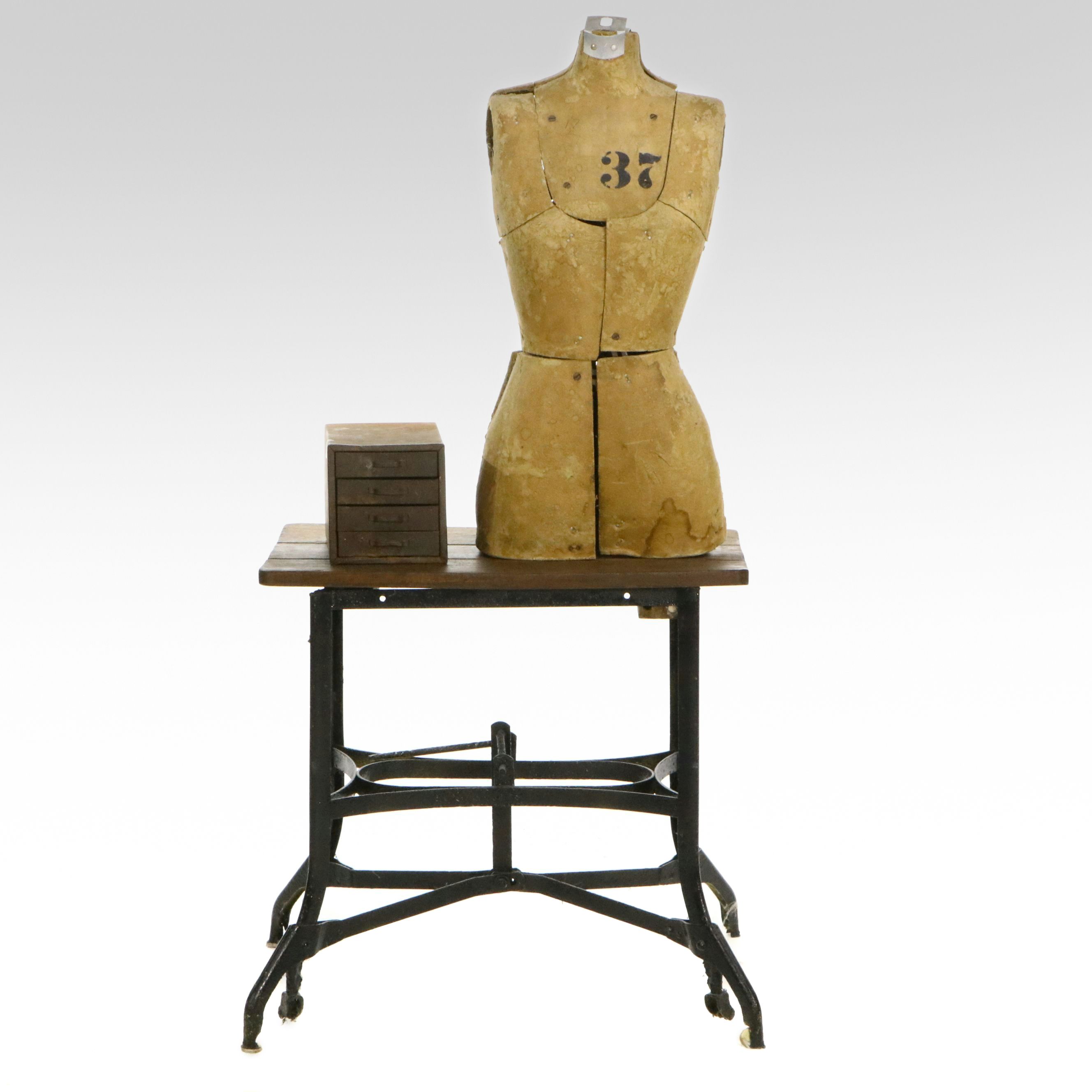 Industrial Table and Cabinet with Antique Dress Form, Early 20th Century