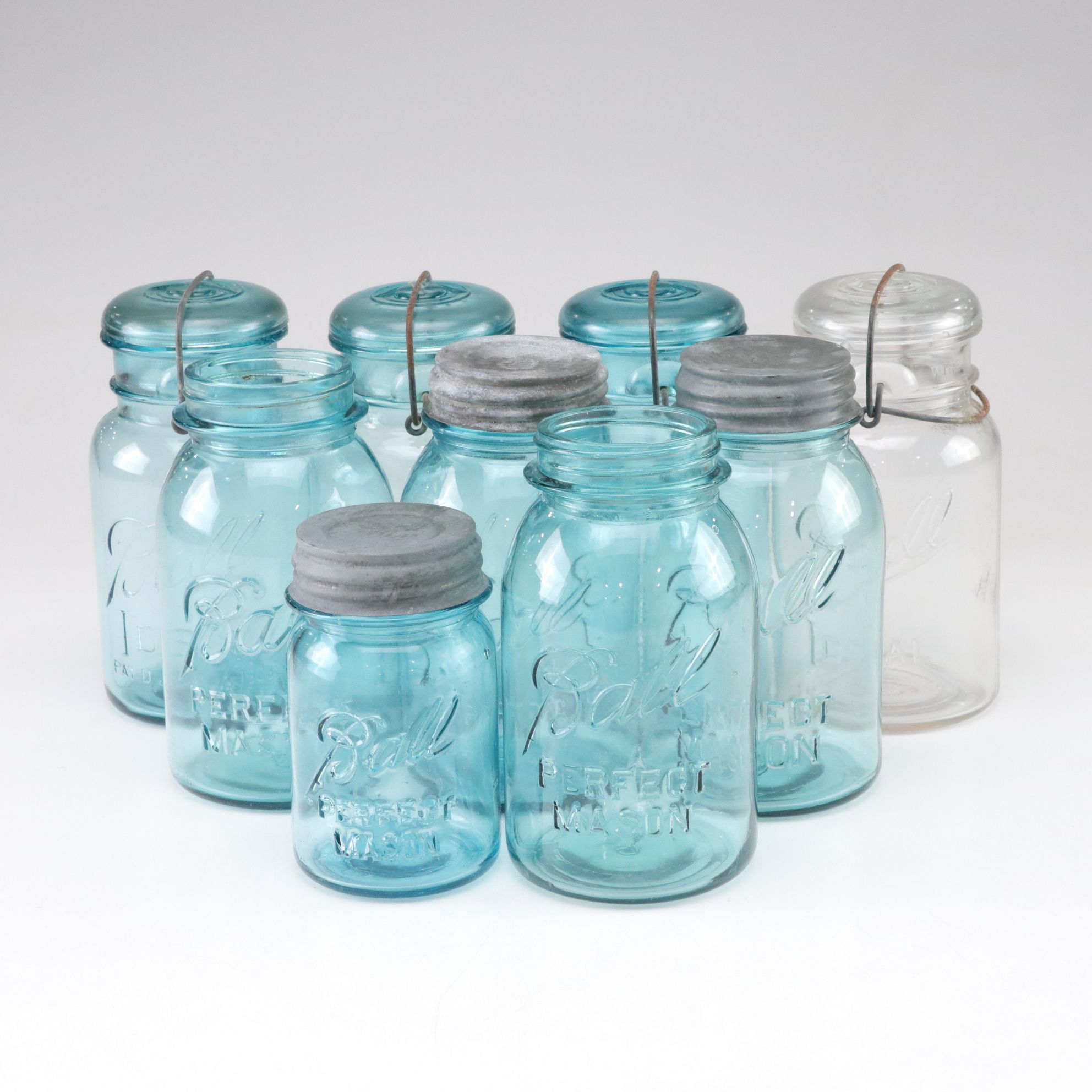 Ball "Perfect Mason" and "Ideal" Aqua Blue Glass Canning Jars