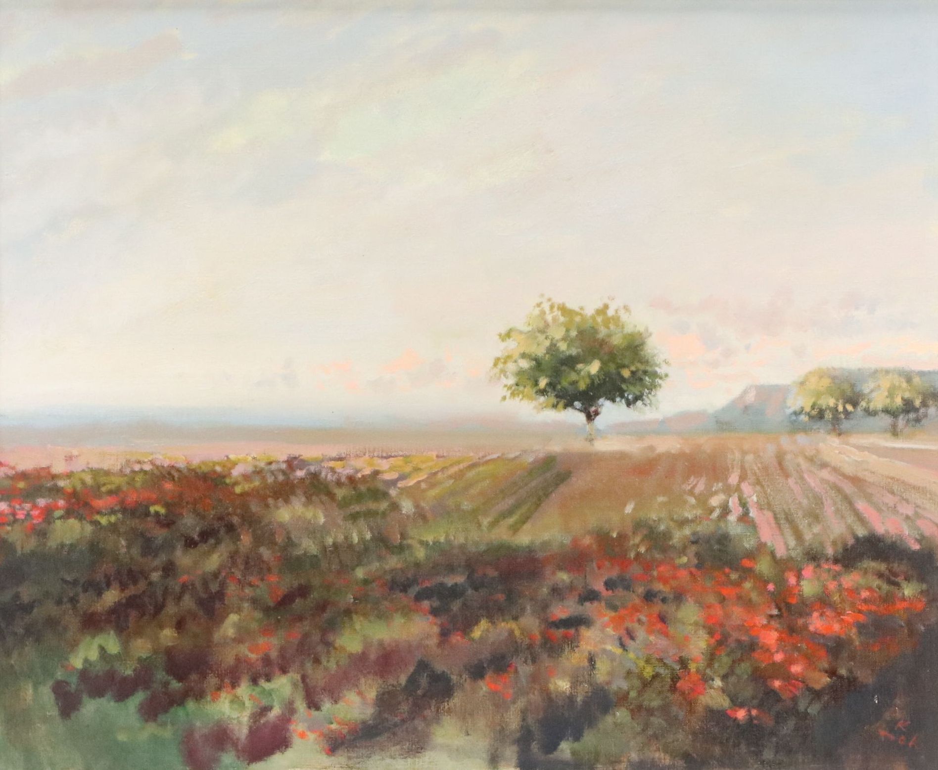 Kaiko Moti Cultivated Field Landscape Oil Painting, Late 20th Century