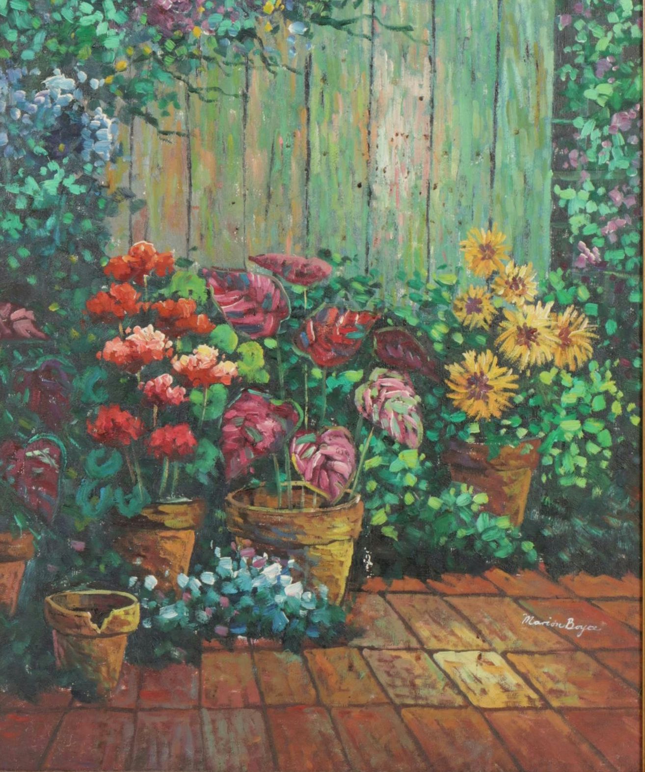 Marion Boyce Oil on Canvas Painting of Floral Garden, 1994