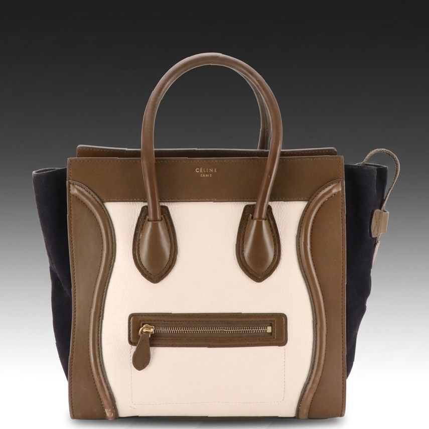 Céline Mini Luggage Tote Bag in Bicolor Calfskin and Navy Blue Suede