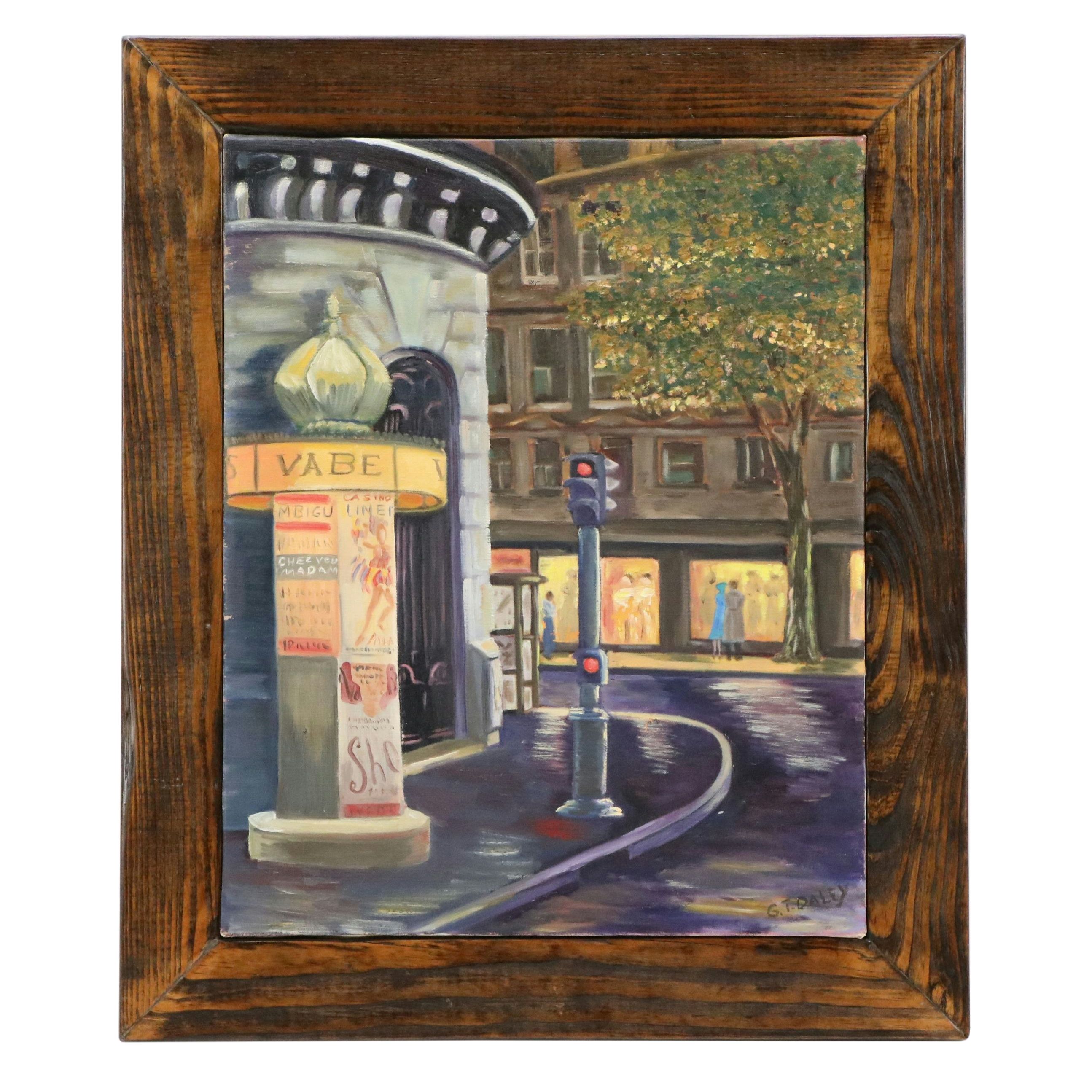 G. T. Daley Oil Painting of French City Street At Night, Circa 2007
