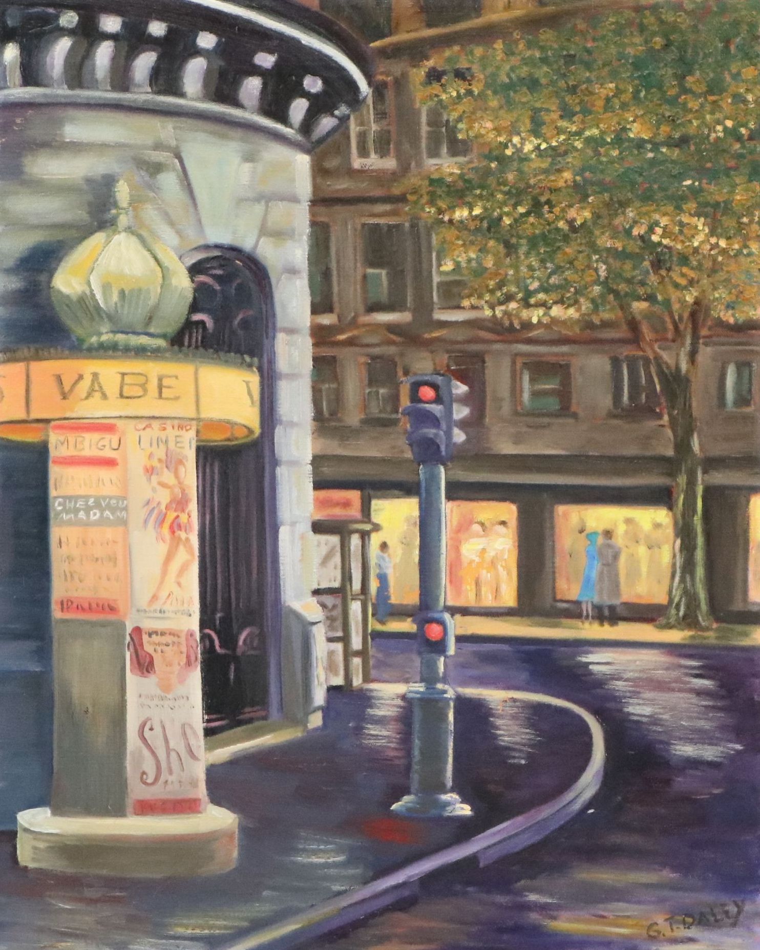 G. T. Daley Oil Painting of French City Street At Night, Circa 2007